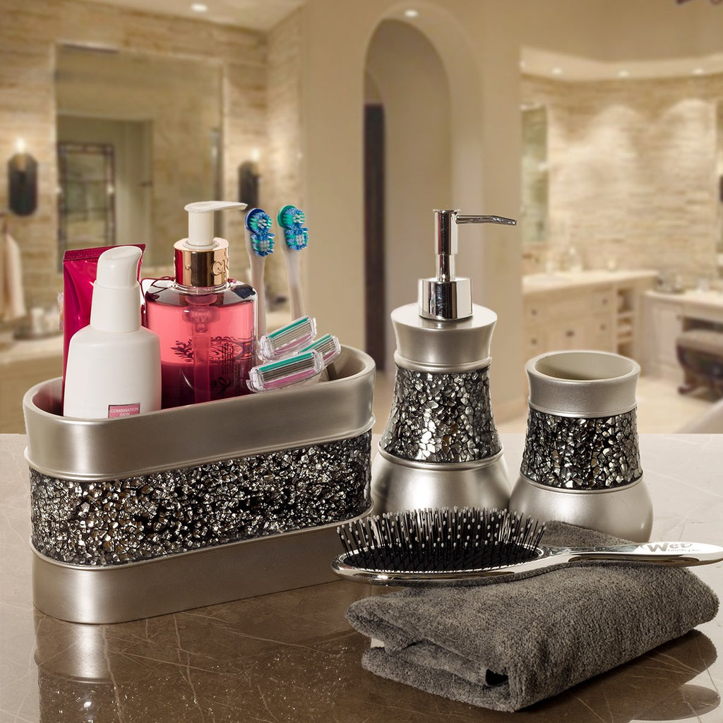 Creative Scents Crackled Glass Silver Bathroom Accessory Set – 4-Piece Vanity Set Includes: Lotion Soap Dispenser, Toothbrush Holder, Tumbler, and Soap Dish