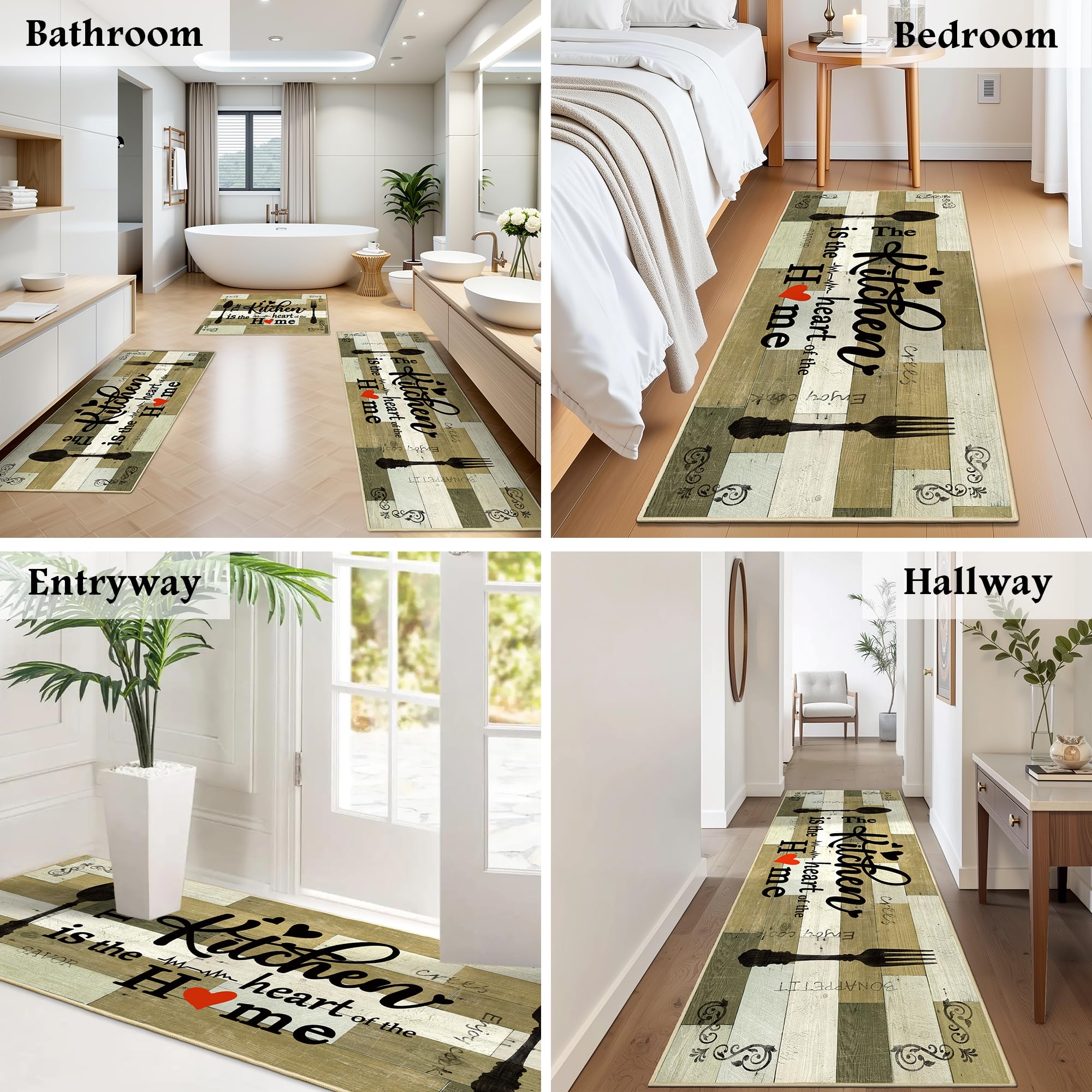 Tritard 100% Non Slip Kitchen Mats for Floor Washable Kitchen Rugs Sets of 3 Farmhouse Kitchen Runner Rug Soft Rustic Kitchen Floor Carpet for Hallway, Laundry, Sink, Office, Brown