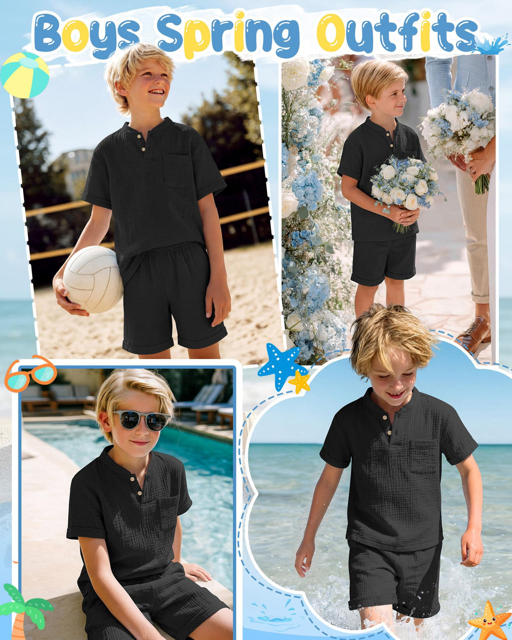 Boys 2 Piece Cotton Outfits 5-14Y Short Sleeve Button Down Shirt Shorts Pockets Summer Clothes Henley Casual Set