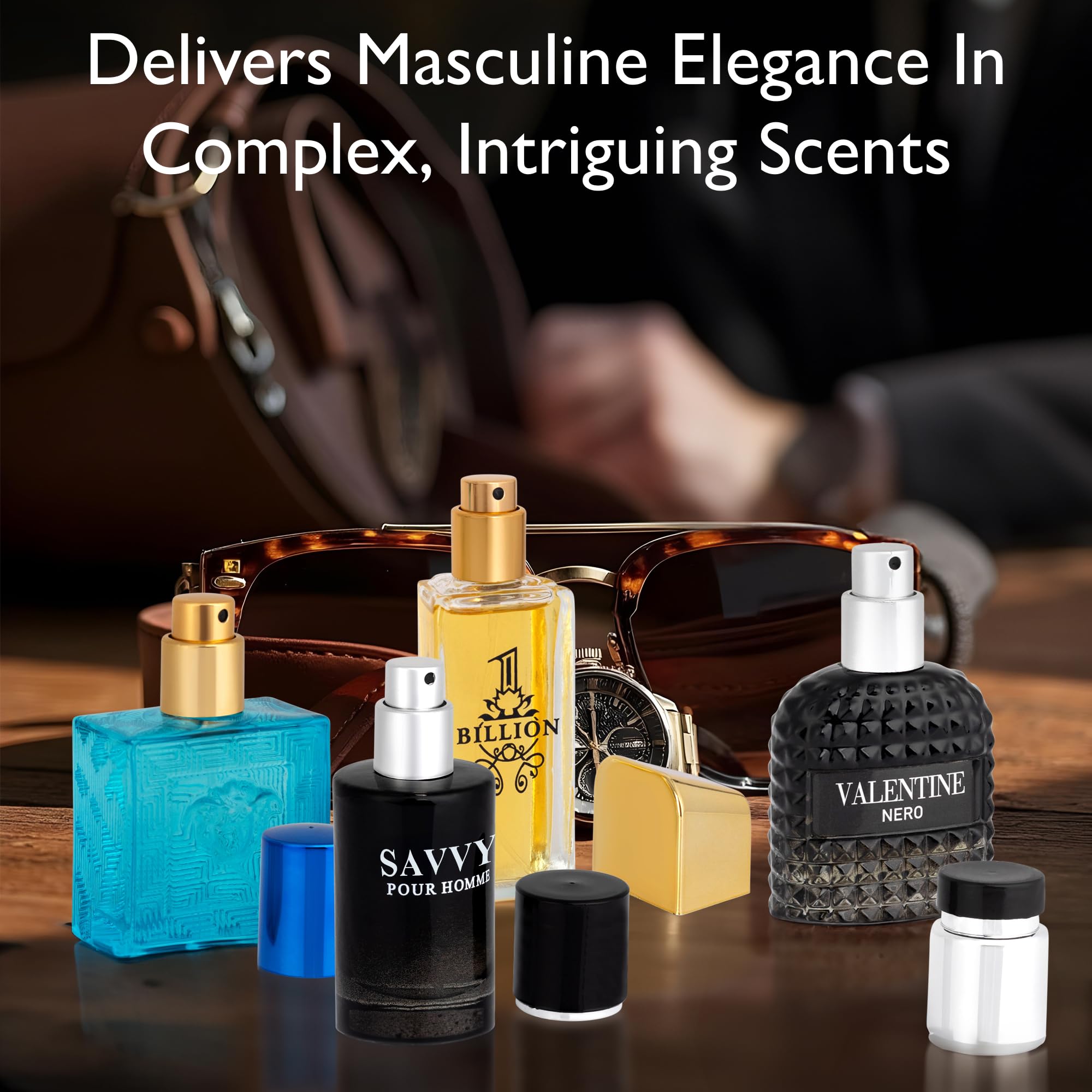 Signature Scent 4-Piece Mini Fragrance Set for Men Includes Savvy/1 Billion/Verse/Valentine Collection of Woody, Spicy, Citrus & Aromatic Fragrance Non-Irritating Ingredient Each One in 30ml Bottle