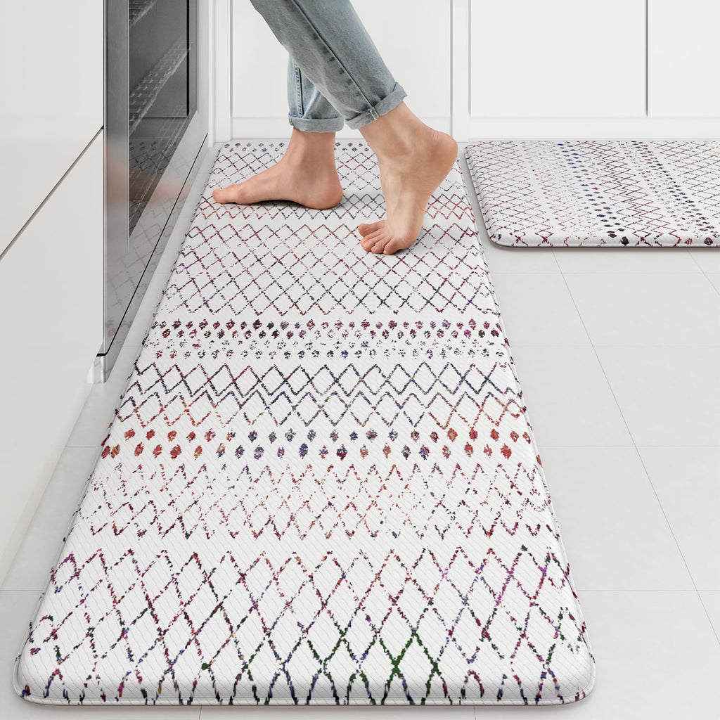 KIMODE Kitchen Mats 2PCS,Cushioned Anti Fatigue Kitchen Rugs and Mats,Non Skid Waterproof Kitchen Mats for Floor,Comfort Foam Standing Mat for Home Decor, Office,Sink,Laundry Room,Desk,Black and White