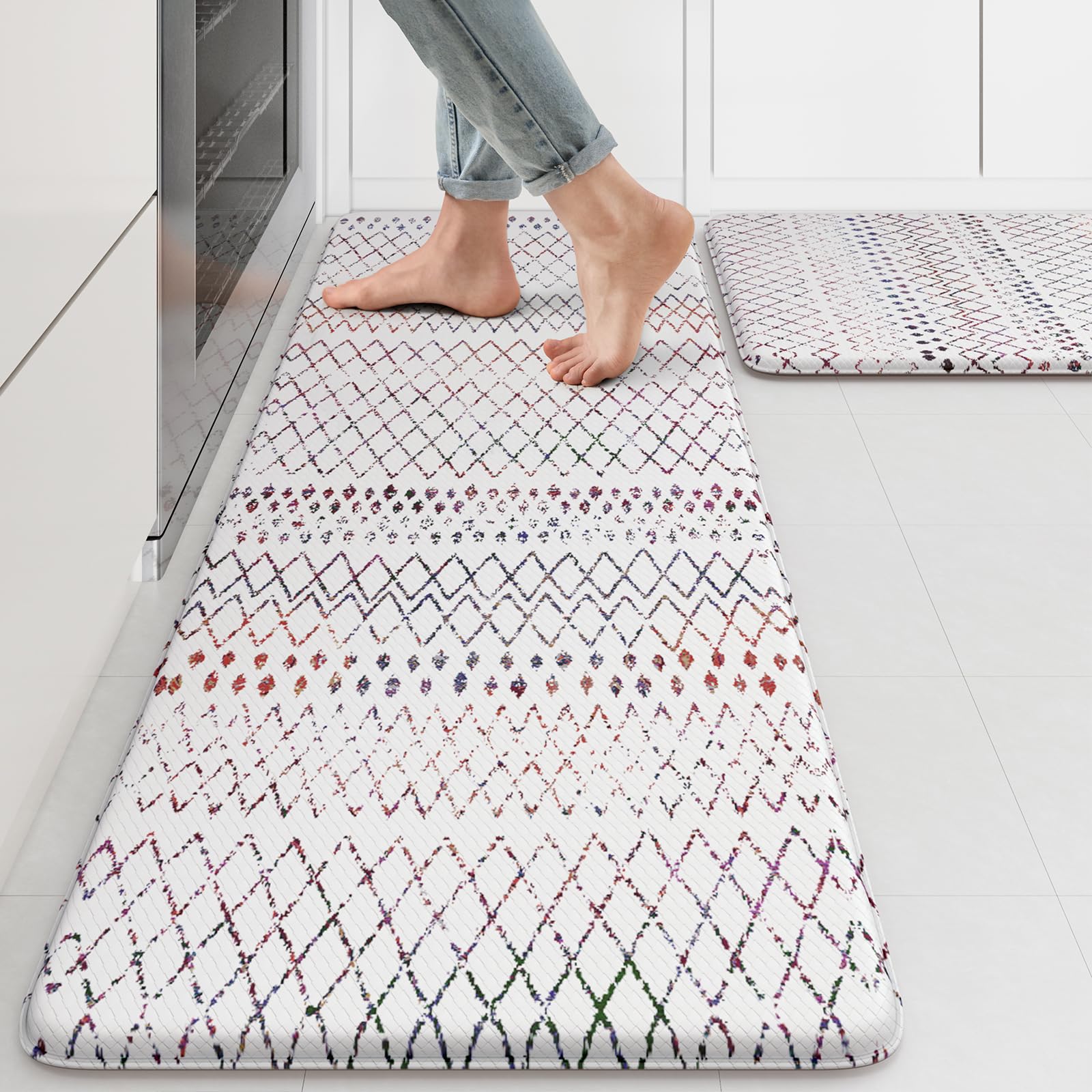 KIMODE Kitchen Mats 2PCS,Cushioned Anti Fatigue Kitchen Rugs and Mats,Non Skid Waterproof Kitchen Mats for Floor,Comfort Foam Standing Mat for Home Decor, Office,Sink,Laundry Room,Desk,Black and White