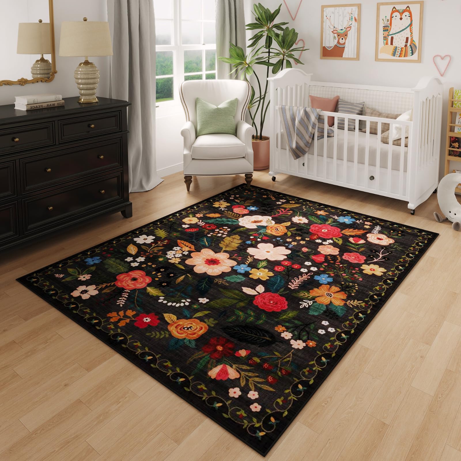 Rugcomf Area Rugs 8x10 Rug for Living Room Clearance Washable Boho Area Rug Non Slip Floral Vintage Low Pile Large Rug for Living Room, Bedroom, Farmhouse, Dining Room, Kids Playroom(Black)