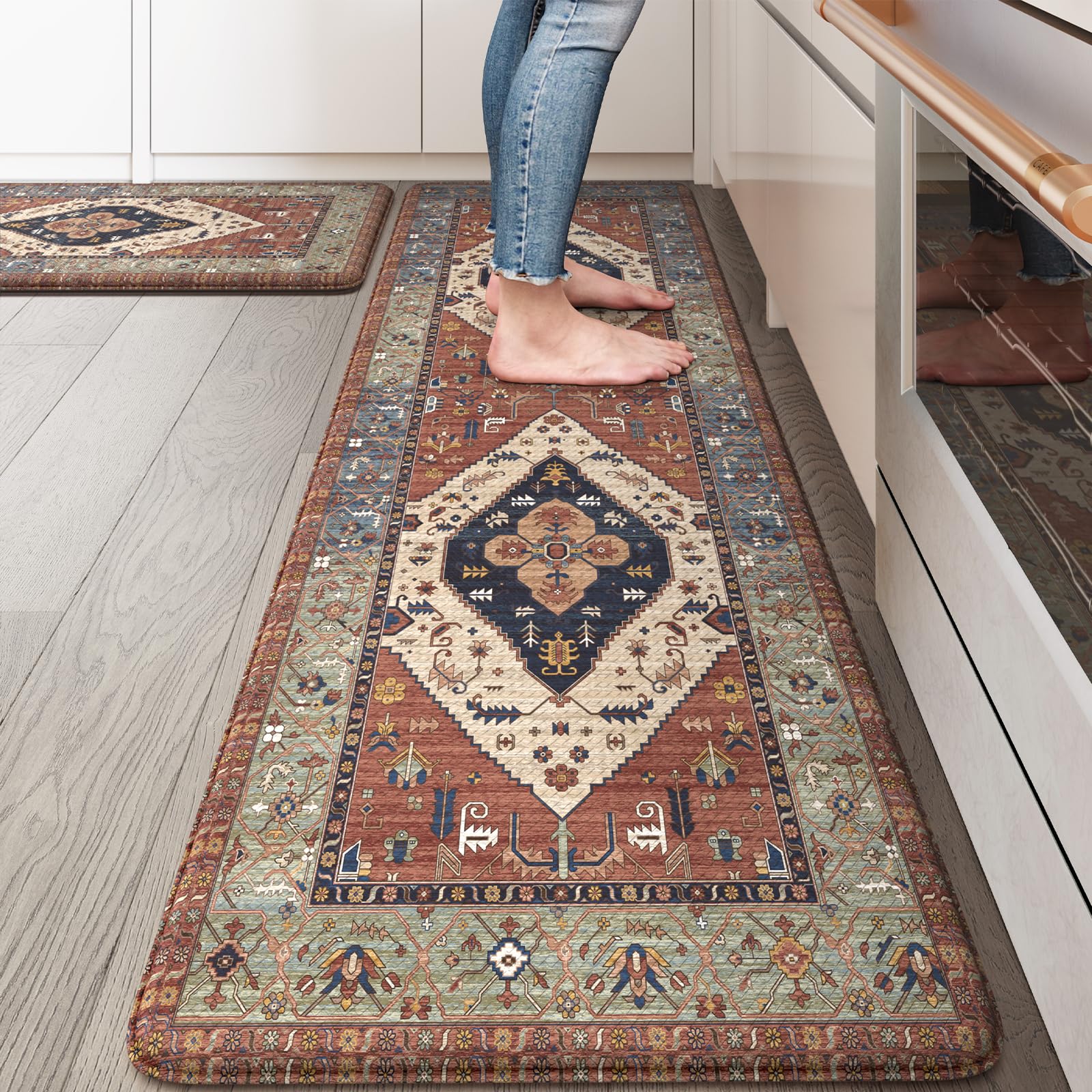 KIMODE Kitchen Mats 2PCS,Cushioned Anti Fatigue Kitchen Rugs and Mats,Non Skid Waterproof Kitchen Mats for Floor,Comfort Foam Standing Mat for Home Decor, Office,Sink,Laundry Room,Desk,Black and White