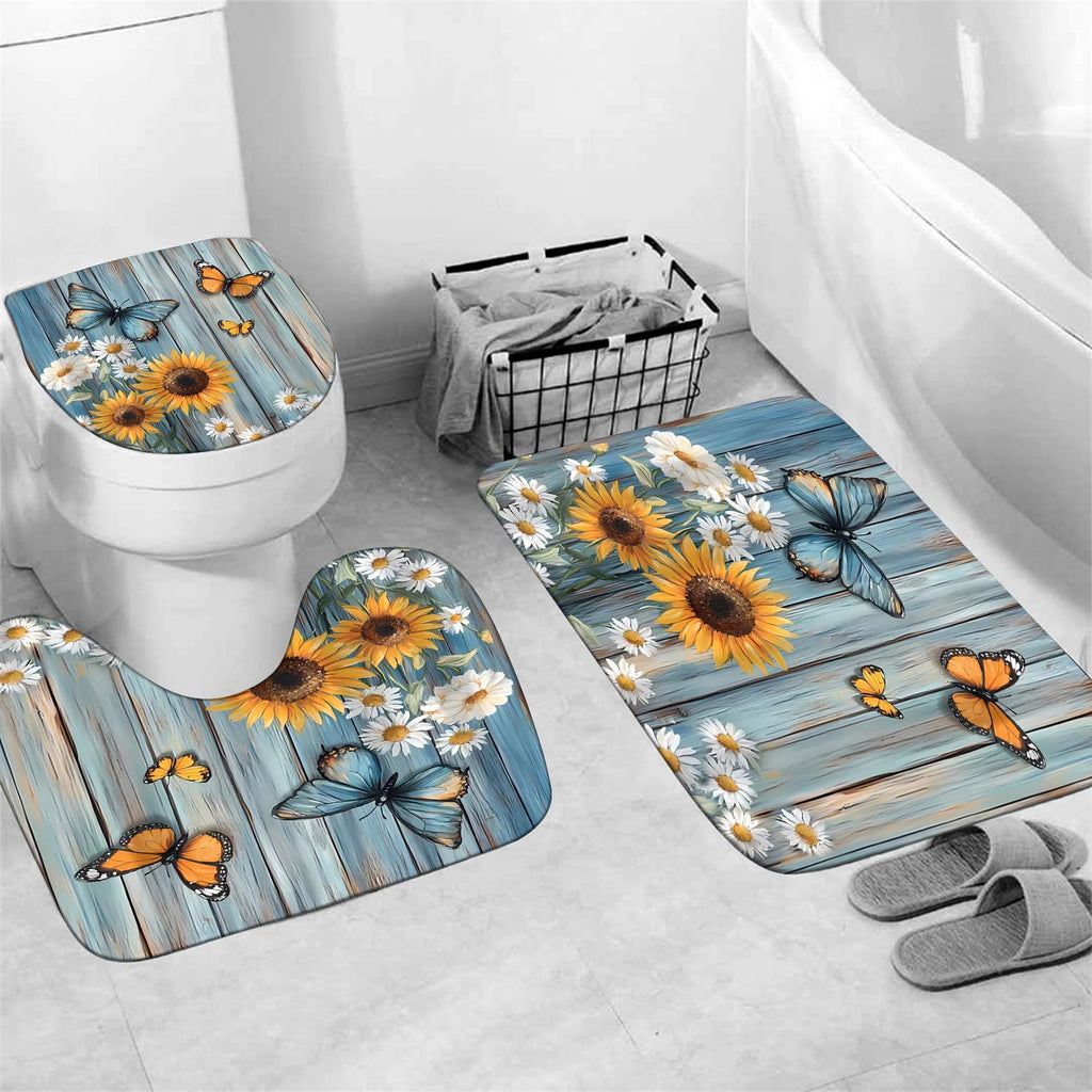 AZHM 4PCS Lotus Shower Curtain Set Black and Gold Flower Bathroom Decor Sets with Shower Curtain and Rugs and Accessories with 12 Hooks for Toilet