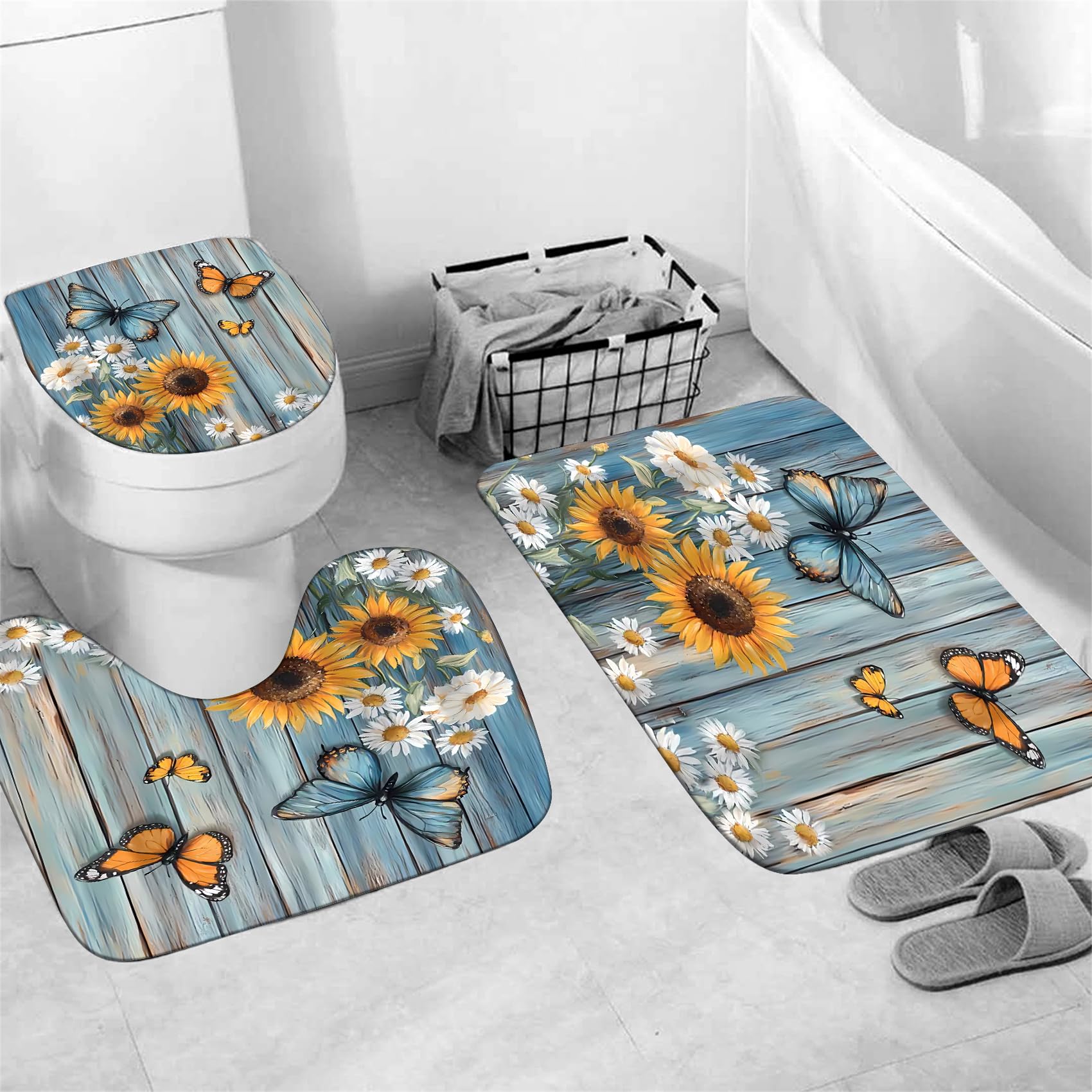 AZHM 4PCS Lotus Shower Curtain Set Black and Gold Flower Bathroom Decor Sets with Shower Curtain and Rugs and Accessories with 12 Hooks for Toilet