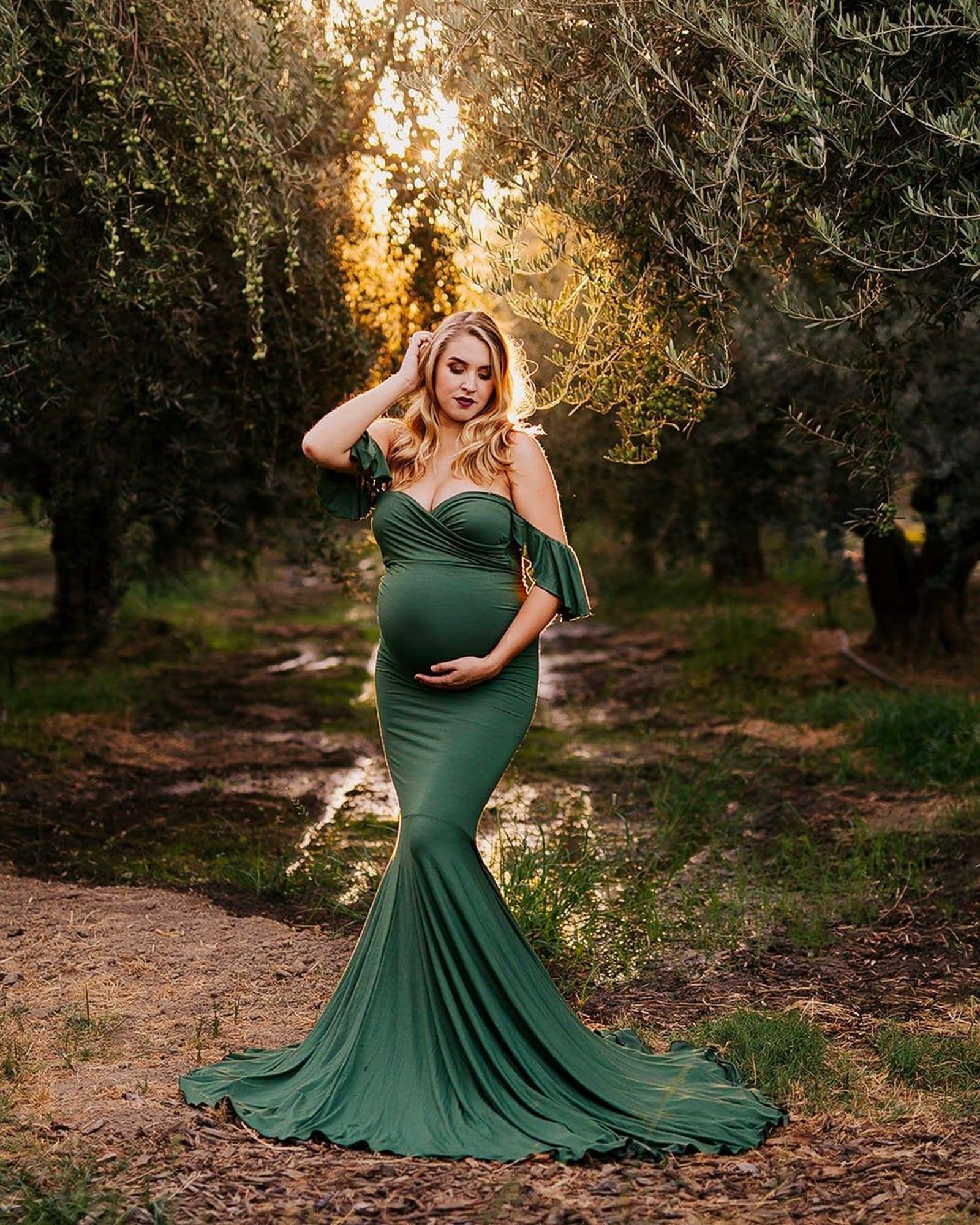 Saslax Off Shoulder Ruffle Sleeves Elegant Fitted Maxi Maternity Dress for Photoshoot Baby Shower