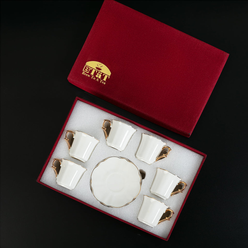 BTaT- Turkish Coffee Cup Set, 3 oz, 6 Set (12 pcs), Elegant White Cups & Saucers with Gold Trim & Gift Box, Small Porcelain Espresso Set for Serving Greek, Arabic & Turkish Coffee, Gift Giving