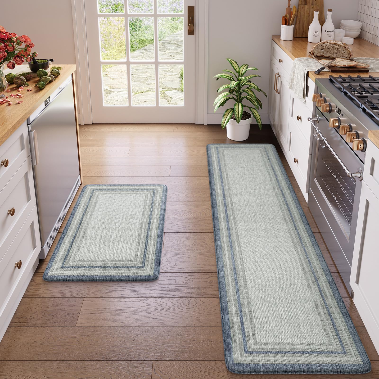 KIMODE Kitchen Mats 2PCS,Cushioned Anti Fatigue Kitchen Rugs and Mats,Non Skid Waterproof Kitchen Mats for Floor,Comfort Foam Standing Mat for Home Decor, Office,Sink,Laundry Room,Desk,Black and White