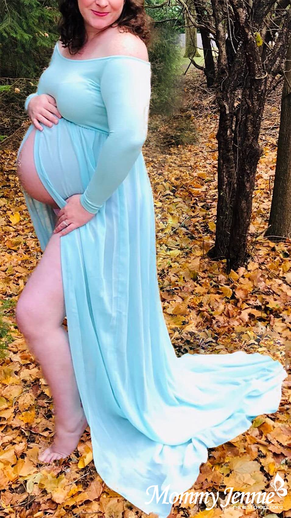 Mommy Jennie Maternity Dress Off Shoulder Long Sleeve Split Front Chiffon Gown for Photoshoot