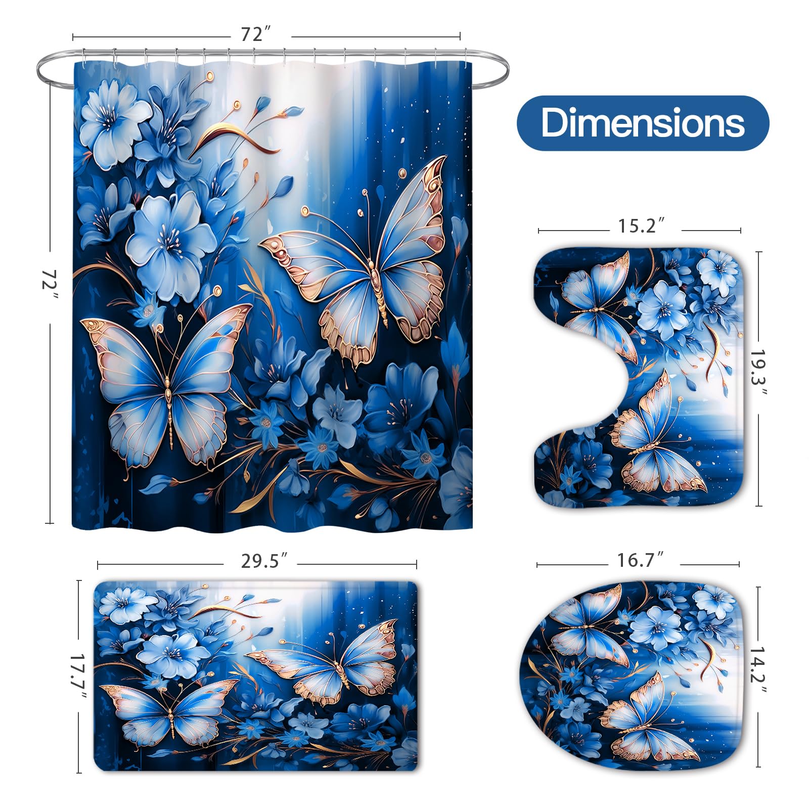 Litabel 4 Pcs Black Floral Butterfly Shower Curtain Set with Non-Slip Rugs, White Gold Modern Toilet Lid Cover and Bath Mat, Elegant Bathroom Decor Set (Hooks Not Included)