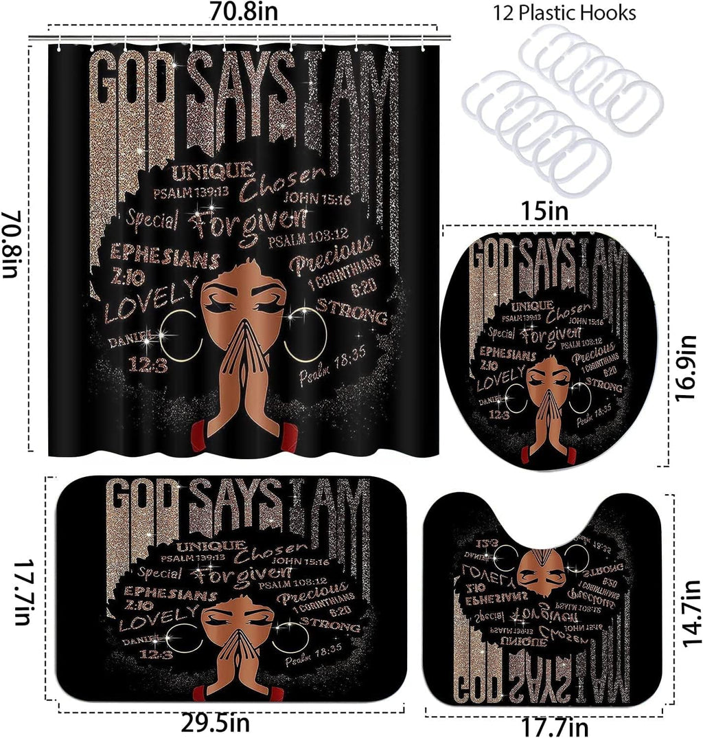 African American Shower Curtain Sets for Bathroom, Black Praying King Bathroom Sets with Waterproof Shower Curtain and Non-Slip Rugs Toilet Lid Cover Bath Mat, Cool Unique Man Bathroom Decor Sets