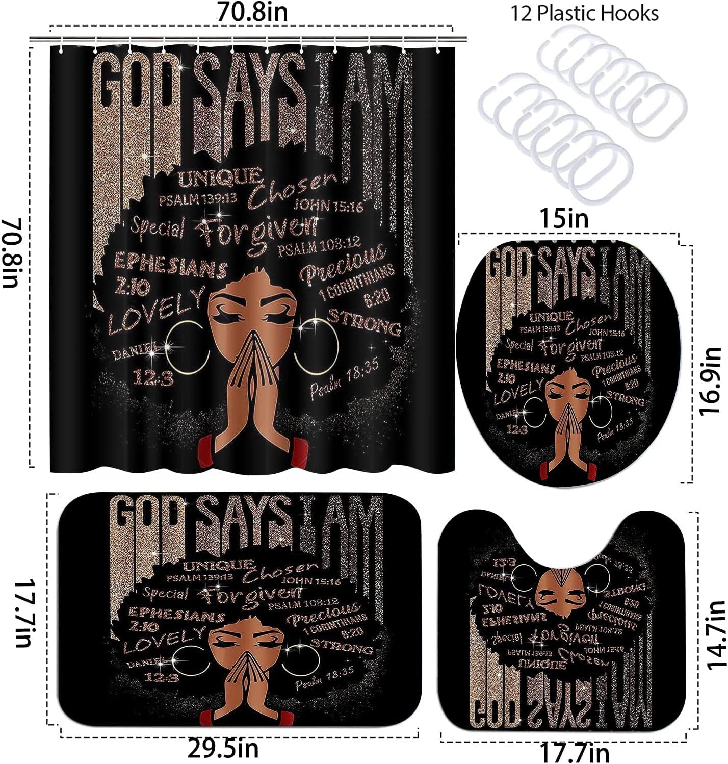 African American Shower Curtain Sets for Bathroom, Black Praying King Bathroom Sets with Waterproof Shower Curtain and Non-Slip Rugs Toilet Lid Cover Bath Mat, Cool Unique Man Bathroom Decor Sets