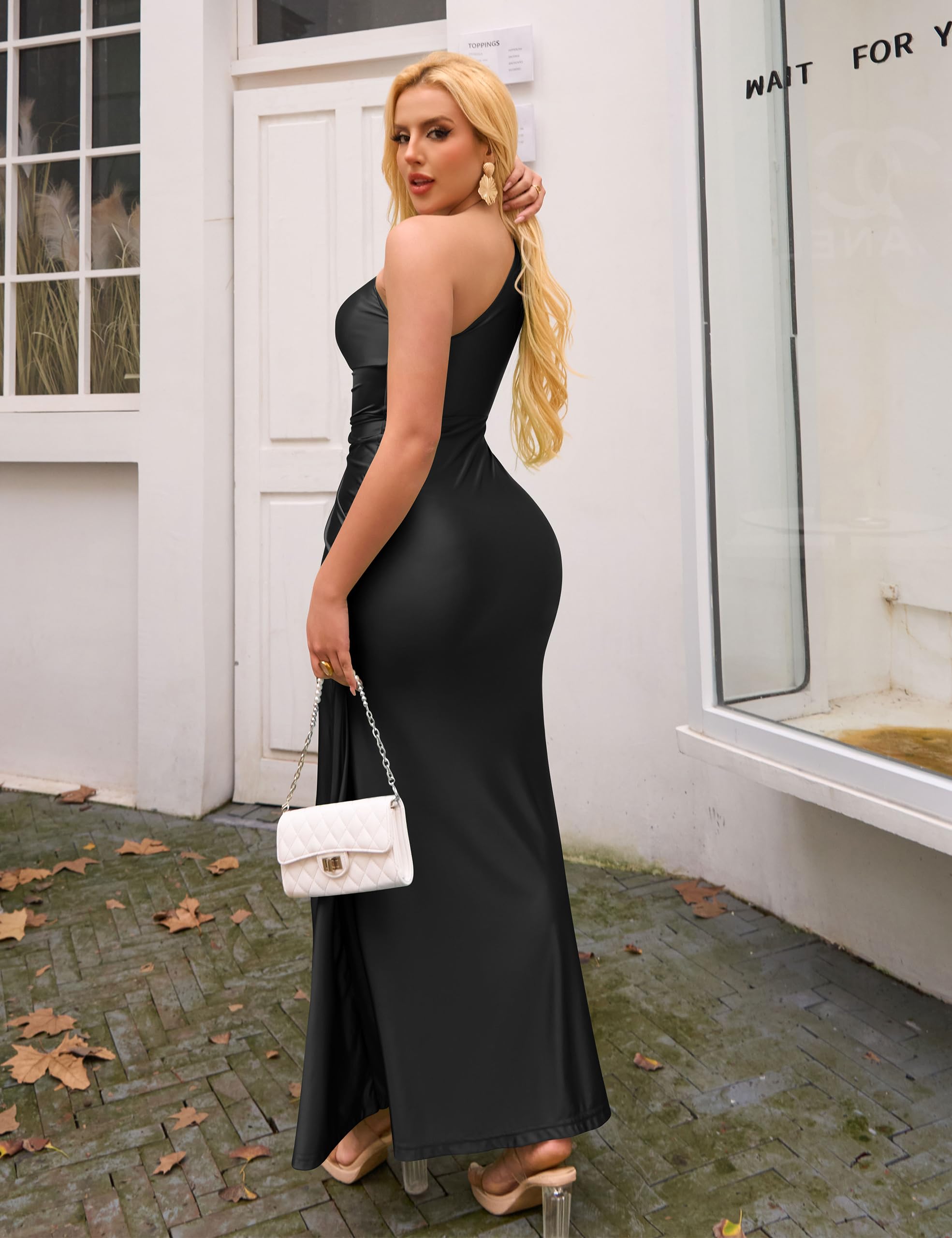 YMDUCH Women's Elegant One Shoulder Sleeveless Twist Waist Bodycon Party Long Dress