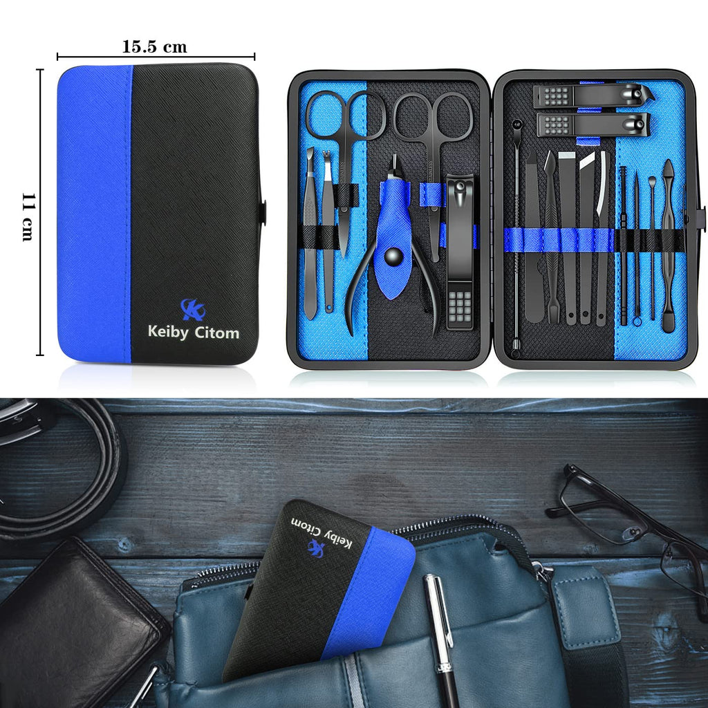 Professional Stainless Steel Nail Clipper Travel & Grooming Kit Nail Tools Manicure & Pedicure Set of 15pcs with Luxurious Case (Black/Yellow)