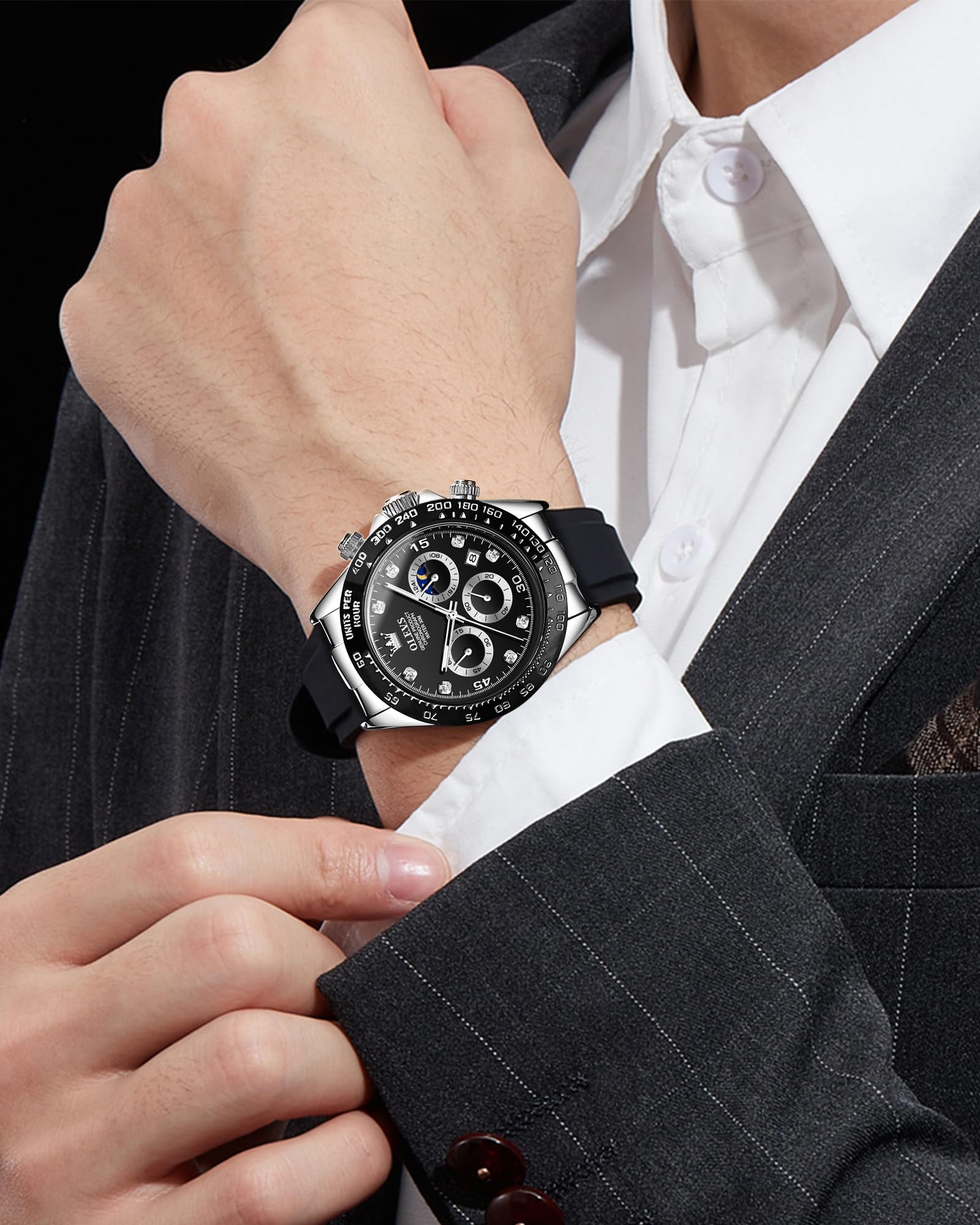 OLEVS Men Analog Quartz Waterproof Watches Multifunction Chronograph Diamond Moon Phase Luminous Silicone Band Wrist Watches