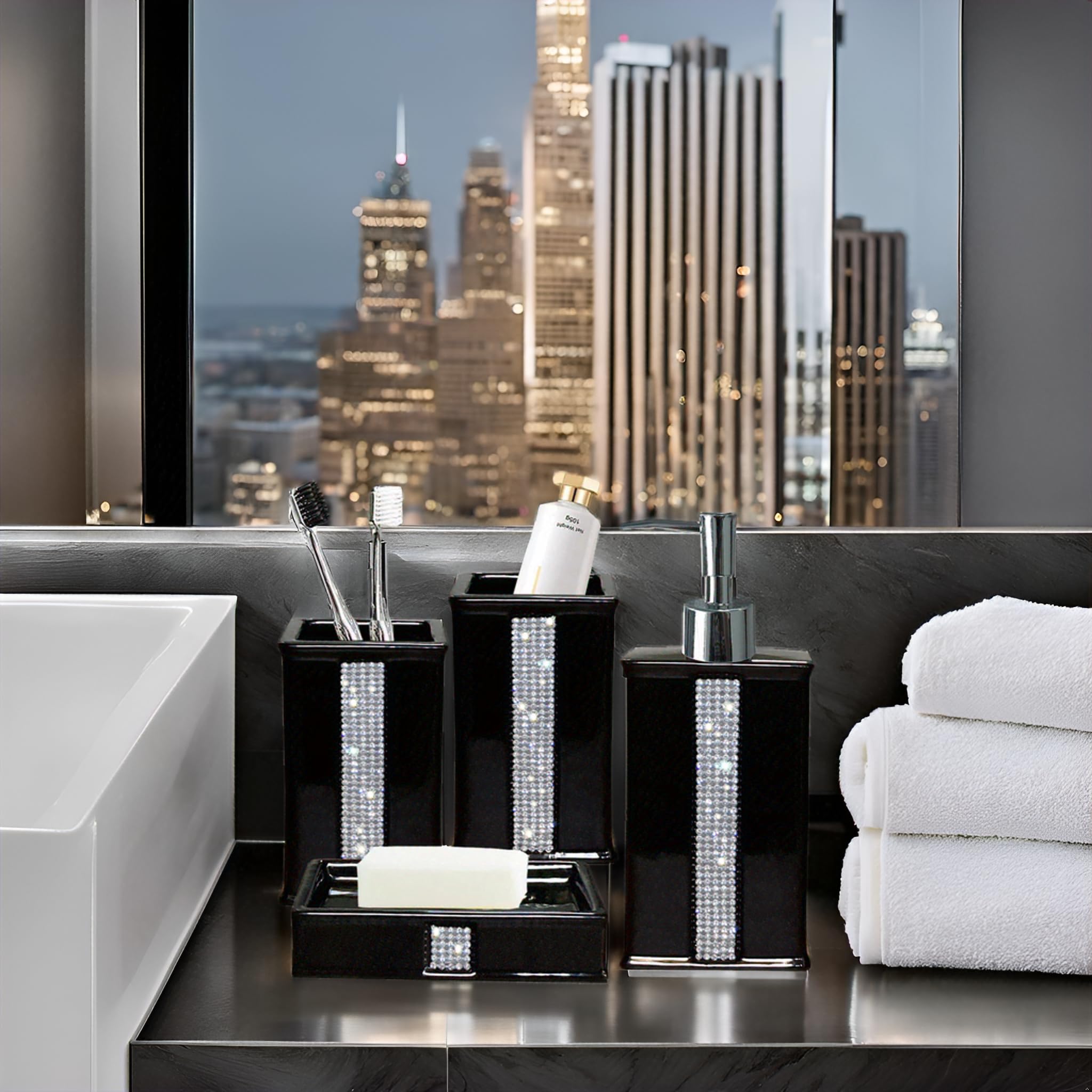 Bathroom Accessories Set 4 Pcs-Ceramic Gift Set Soap Dispenser Pump & Toothbrush Holder & Tumbler Cup & Soap Dish - Bathroom Home Decor Clearance, Countertop Vanity Organize (15 Ounce)