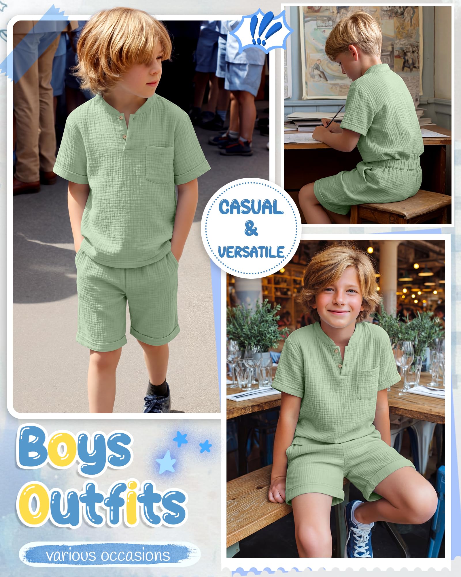 Boys 2 Piece Cotton Outfits 5-14Y Short Sleeve Button Down Shirt Shorts Pockets Summer Clothes Henley Casual Set