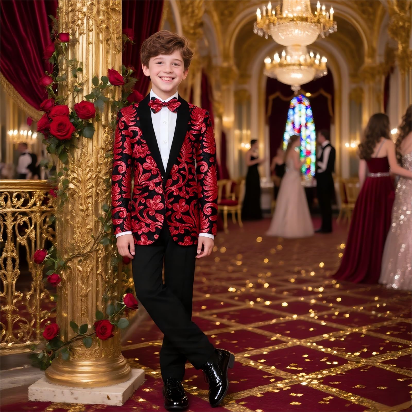 Lamgool Boys Tuxedo Suit Slim Fit Formal Set 2 Pieces with Floral Jacquard Sequin Blazer Black Pants for Kids Prom Wedding