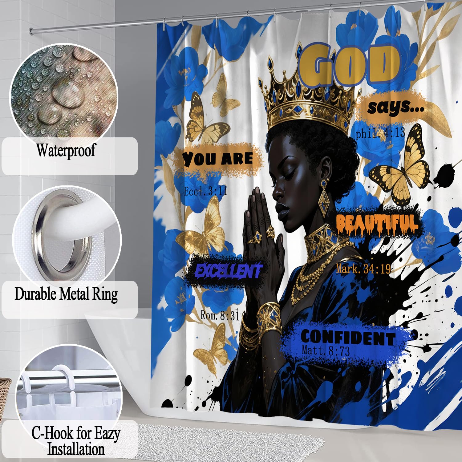 African American Shower Curtain Sets for Bathroom, Black Praying King Bathroom Sets with Waterproof Shower Curtain and Non-Slip Rugs Toilet Lid Cover Bath Mat, Cool Unique Man Bathroom Decor Sets