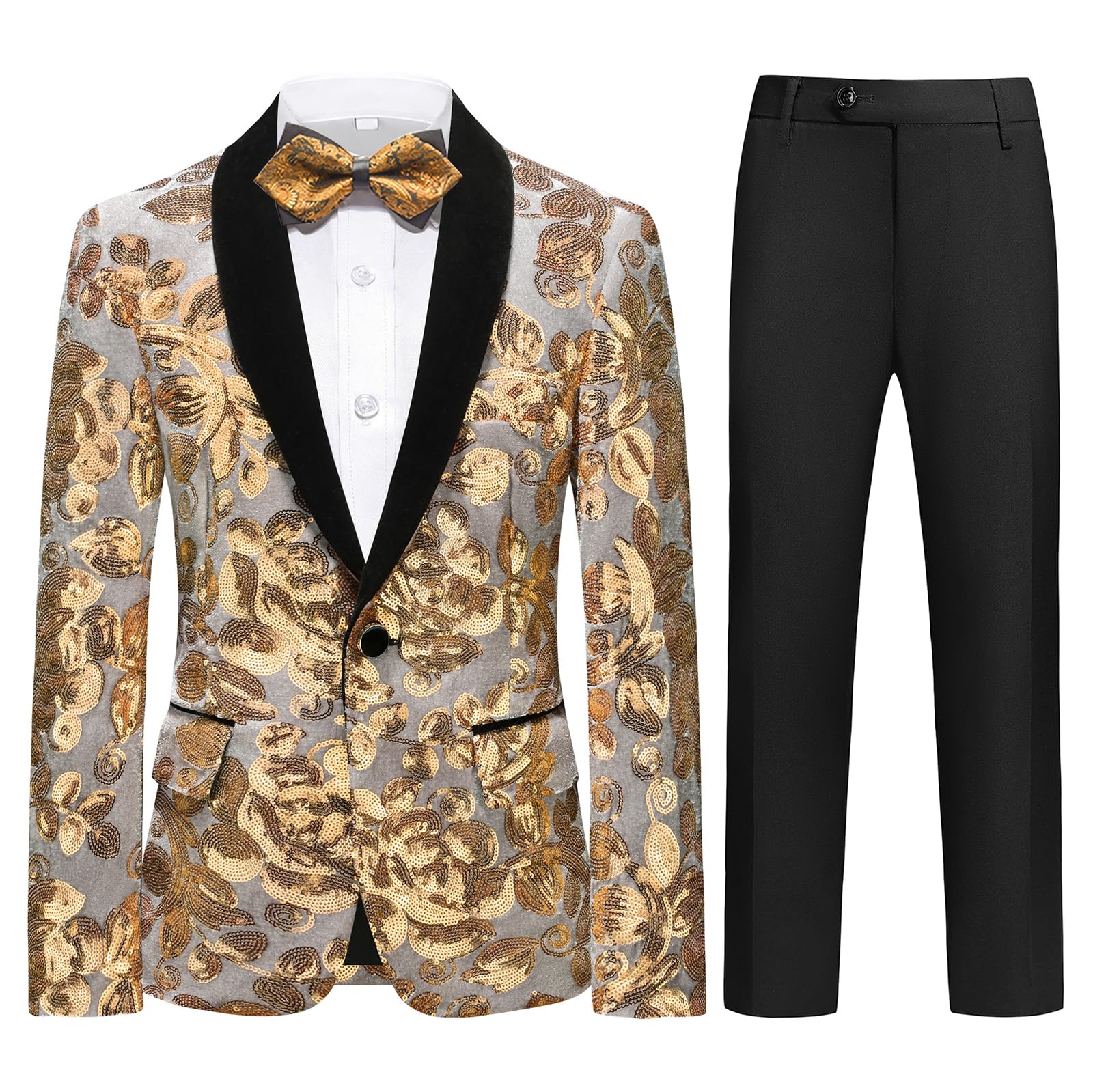 Lamgool Boys Tuxedo Suit Slim Fit Formal Set 2 Pieces with Floral Jacquard Sequin Blazer Black Pants for Kids Prom Wedding
