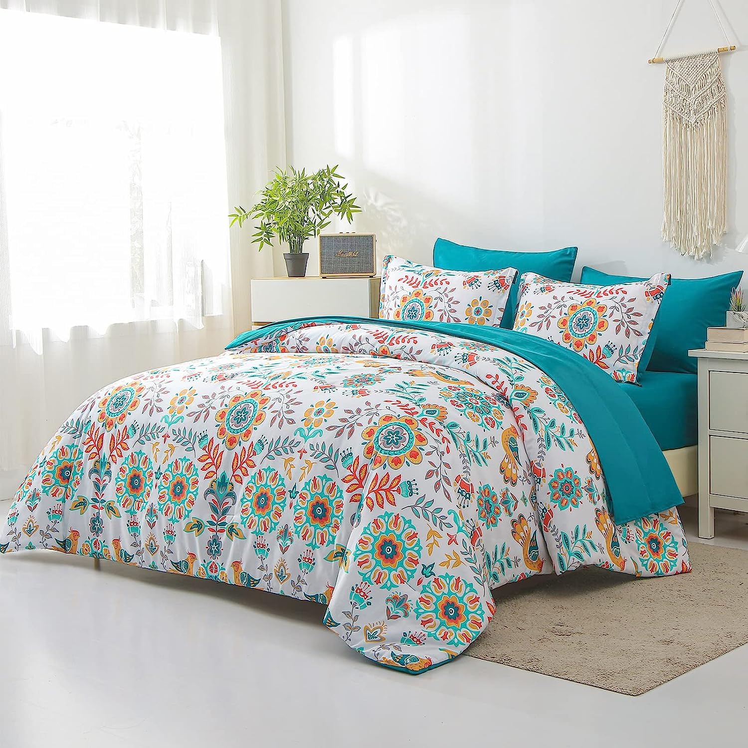 DHSFKBE 7 Piece Bed in a Bag Floral Comforter Set, Botanical Flowers Comforter and Sheet Set, Soft Microfiber Lightweight Bedding Comforter Set for All Season(Dark Floral, King)