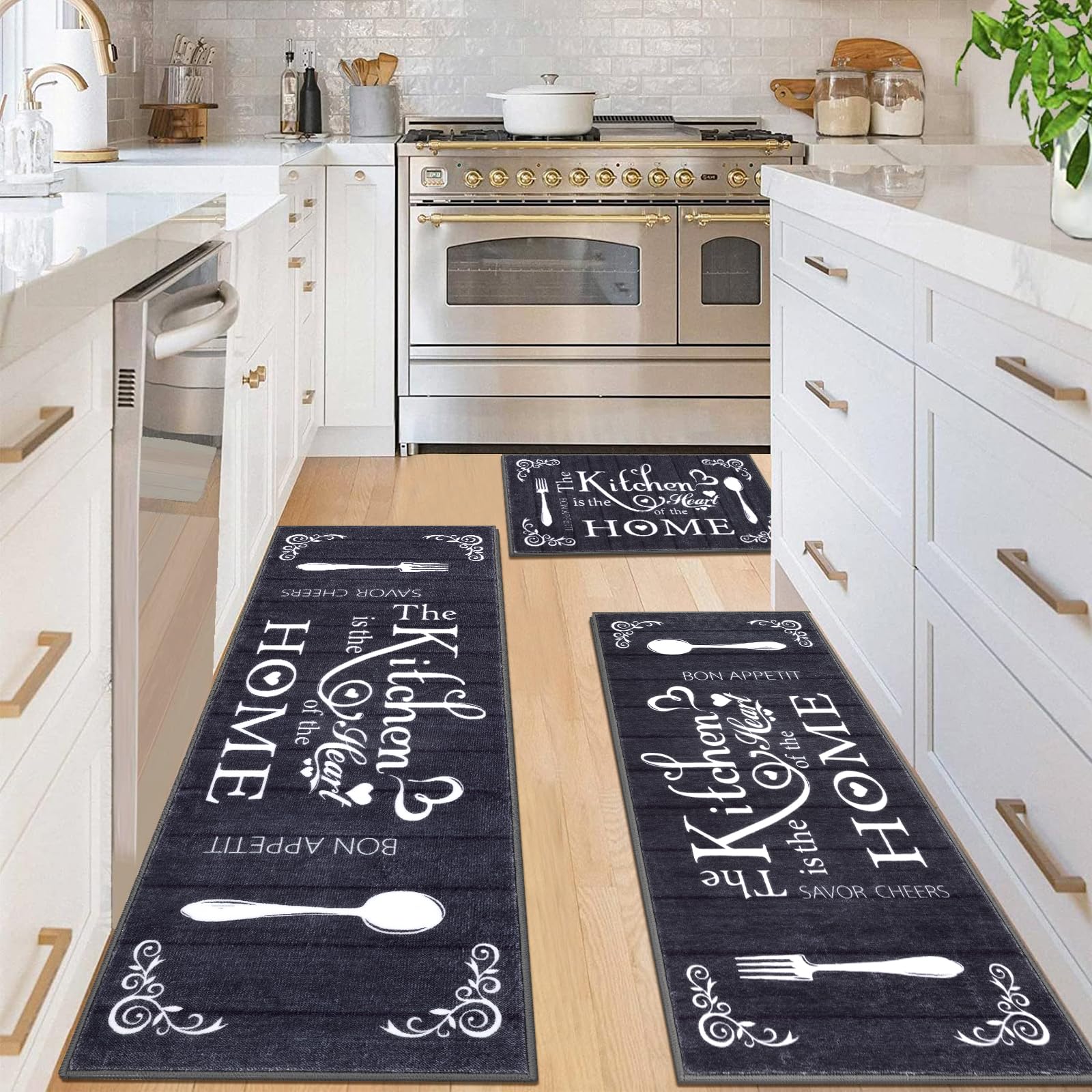 Vaukki Boho Kitchen Rug Sets 3 Pieces, Washable Kitchen Mats for Floor, Non Slip Soft Kitchen Area Rug Floor Mat for Kitchen, Laundry Room and Hallway (Grey and Beige, 20''x32''+20''x47''+20''x59'')