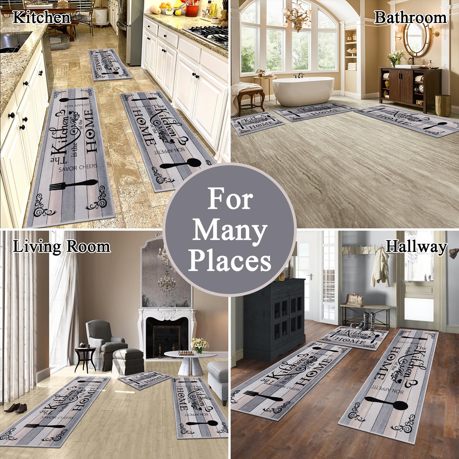 Vaukki Boho Kitchen Rug Sets 3 Pieces, Washable Kitchen Mats for Floor, Non Slip Soft Kitchen Area Rug Floor Mat for Kitchen, Laundry Room and Hallway (Grey and Beige, 20''x32''+20''x47''+20''x59'')