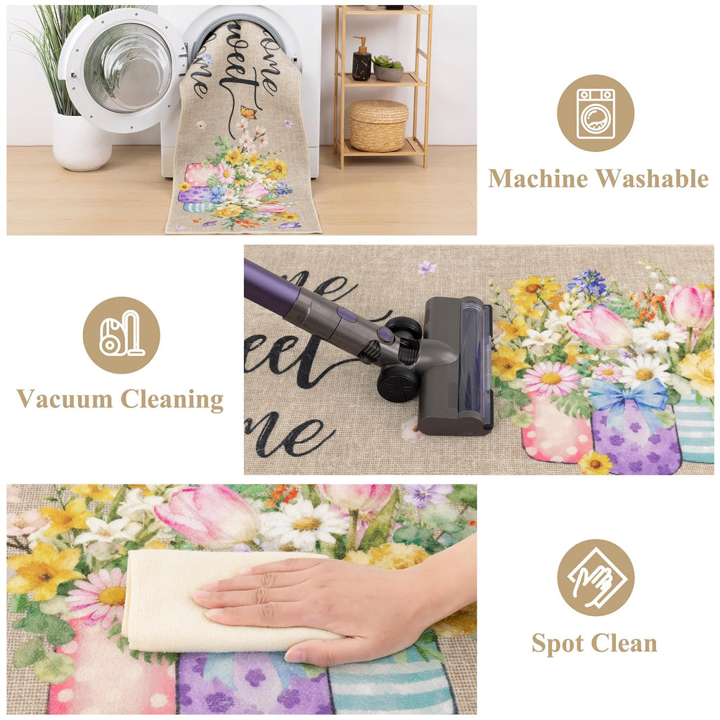 Vaukki Boho Kitchen Rug Sets 3 Pieces, Washable Kitchen Mats for Floor, Non Slip Soft Kitchen Area Rug Floor Mat for Kitchen, Laundry Room and Hallway (Grey and Beige, 20''x32''+20''x47''+20''x59'')