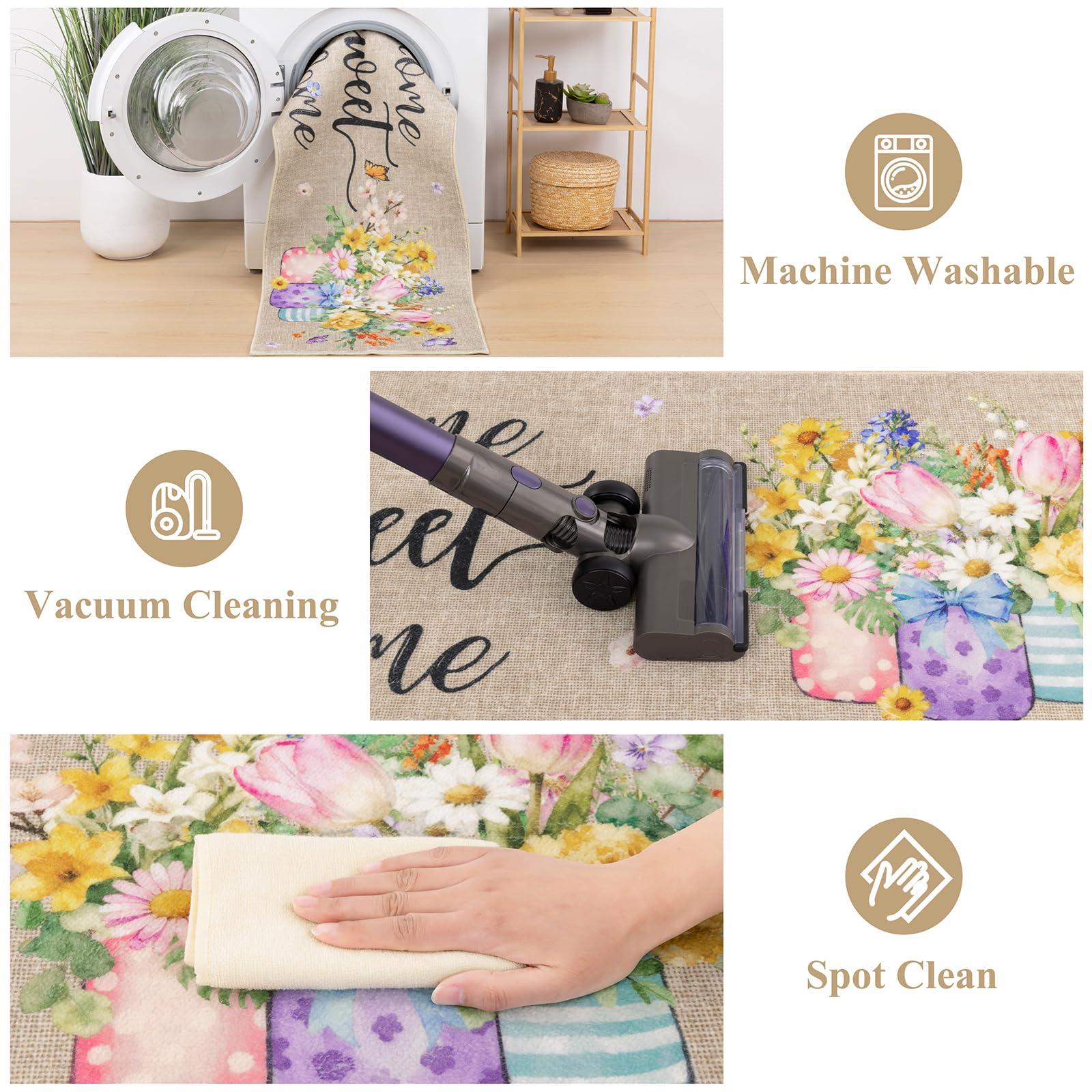 Vaukki Boho Kitchen Rug Sets 3 Pieces, Washable Kitchen Mats for Floor, Non Slip Soft Kitchen Area Rug Floor Mat for Kitchen, Laundry Room and Hallway (Grey and Beige, 20''x32''+20''x47''+20''x59'')
