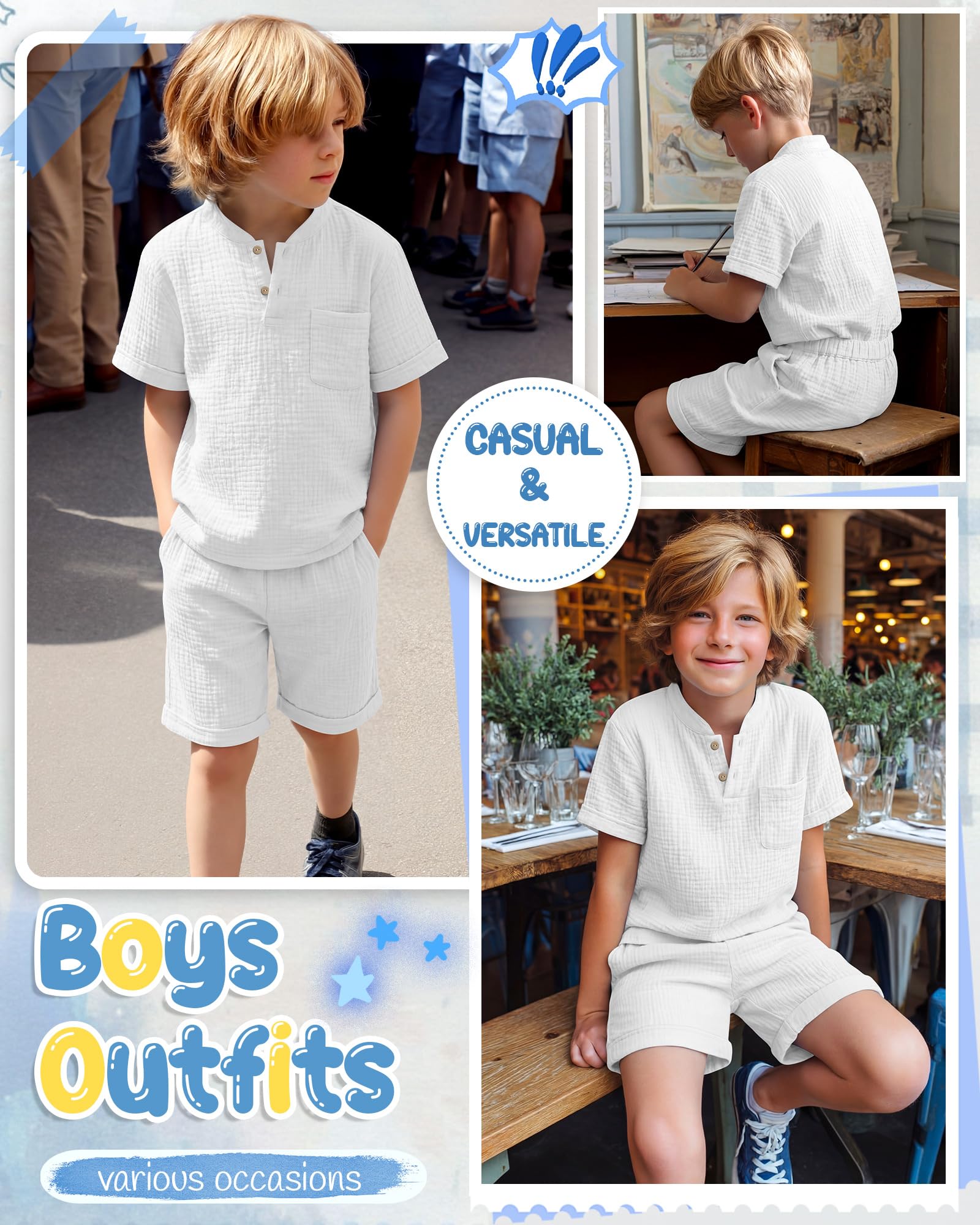 Boys 2 Piece Cotton Outfits 5-14Y Short Sleeve Button Down Shirt Shorts Pockets Summer Clothes Henley Casual Set