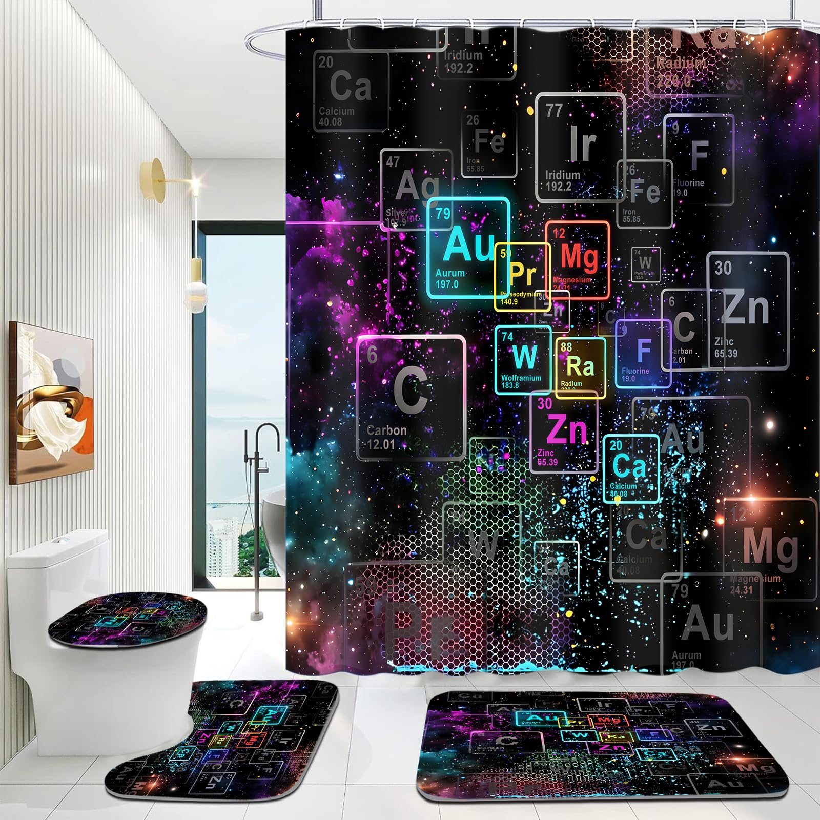 Yizheer Luxury 4Pcs Black & Gold Shower Curtain Set, Damascus Pattern Waterproof Bathroom Decor Kit (Shower Curtain + Bath Rugs + Toilet Lid Cover + Hooks), Elegant Vintage Curtain for Bathroom