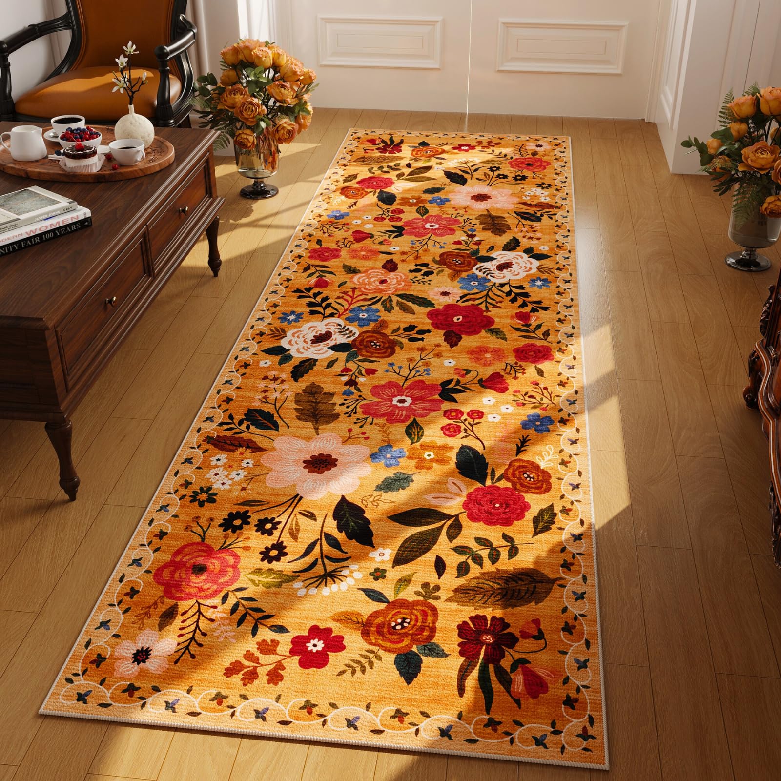 Rugcomf Area Rugs 8x10 Rug for Living Room Clearance Washable Boho Area Rug Non Slip Floral Vintage Low Pile Large Rug for Living Room, Bedroom, Farmhouse, Dining Room, Kids Playroom(Black)