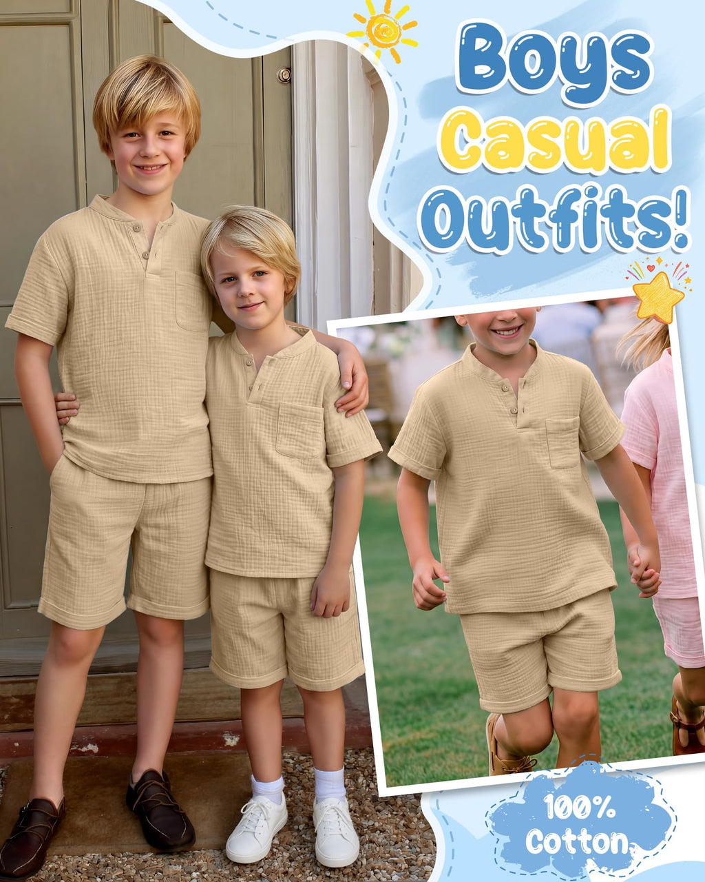 Boys 2 Piece Cotton Outfits 5-14Y Short Sleeve Button Down Shirt Shorts Pockets Summer Clothes Henley Casual Set