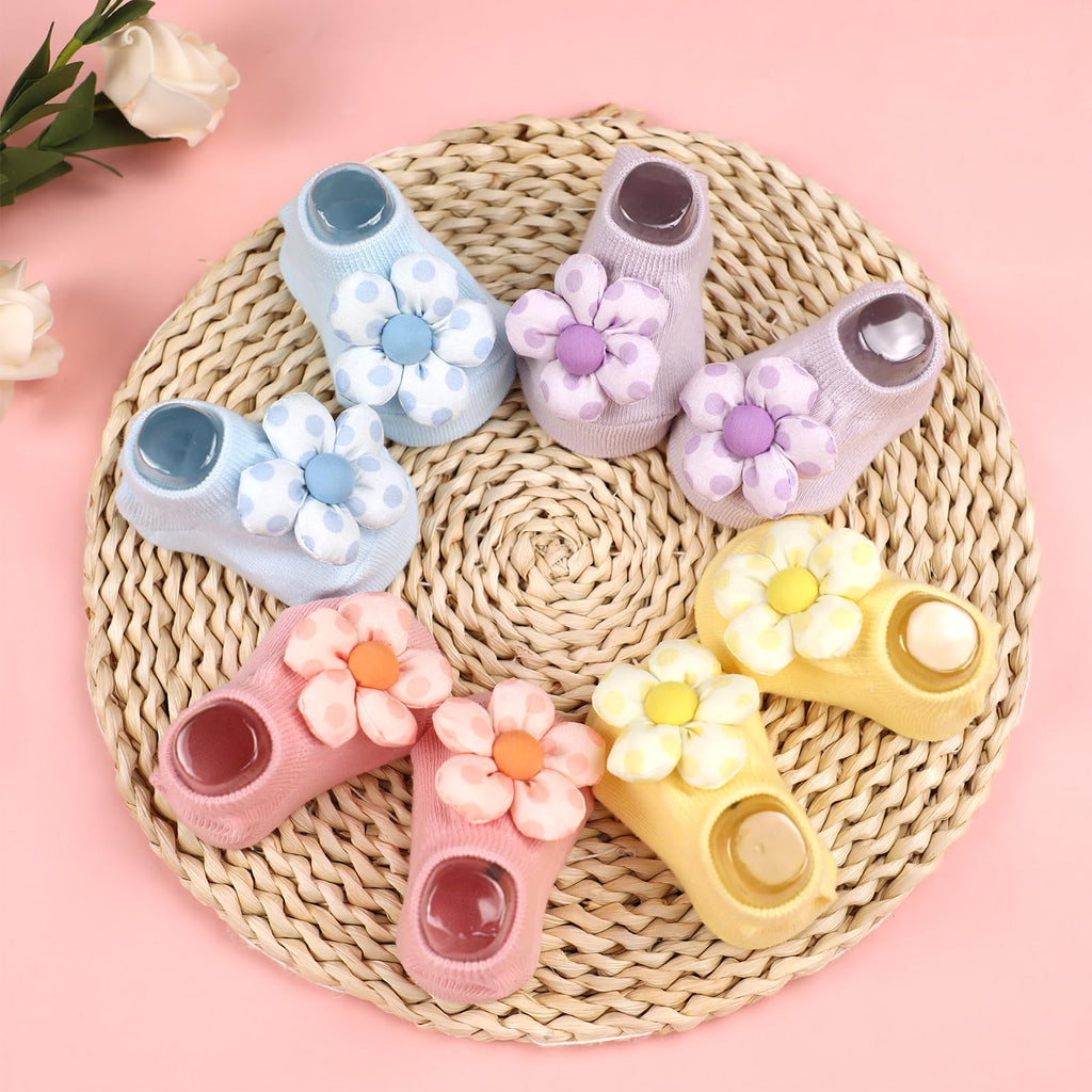KEAINVRN 4Packs Baby Girls Socks,Flower Non-Slip Grips for Babies Toddler Princess Low Cut Ankle Socks for Girls