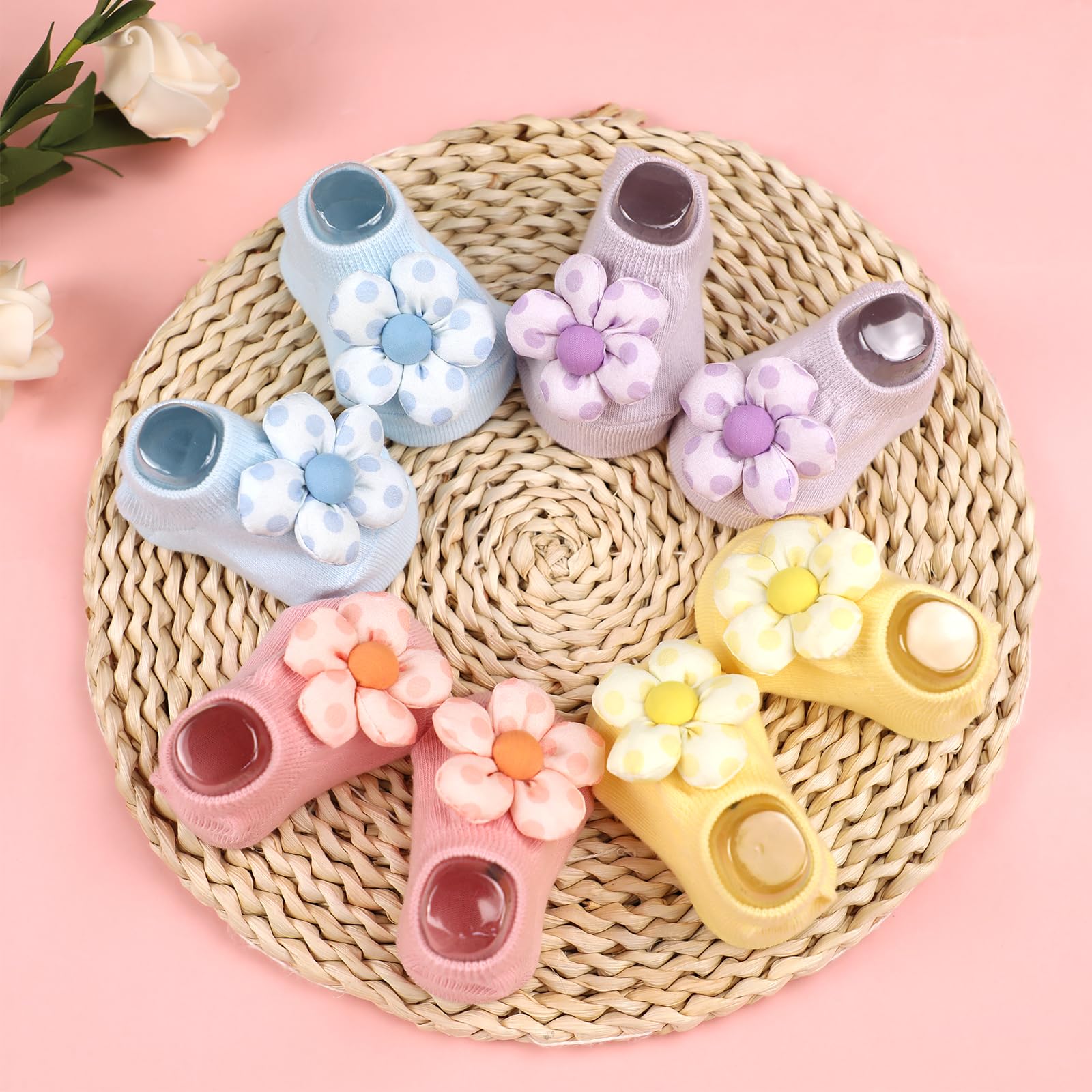 KEAINVRN 4Packs Baby Girls Socks,Flower Non-Slip Grips for Babies Toddler Princess Low Cut Ankle Socks for Girls