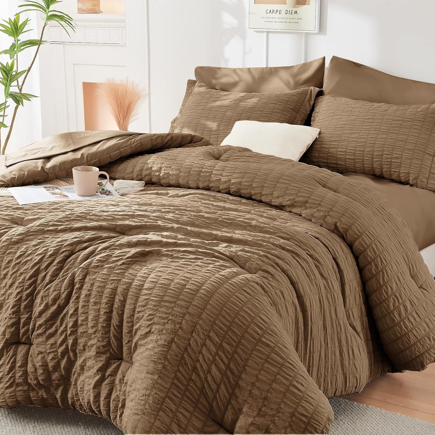 HYMOKEGE 7 Piece King Size Comforter Set Seersucker, All Season Luxury Bed in a Bag for Bedroom, Bedding Set with Comforters, Sheets, Pillowcases & Shams, Dark Grey