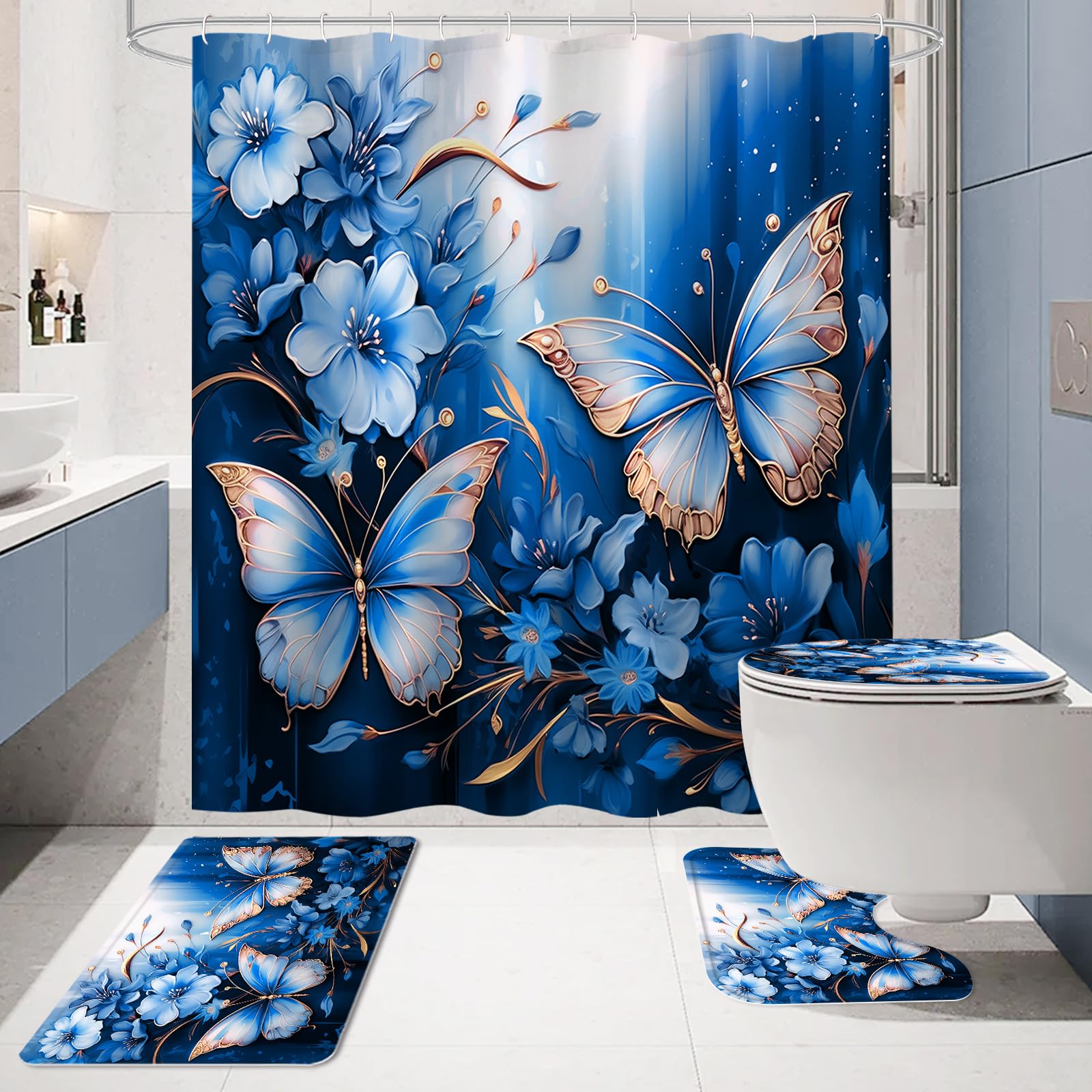 Litabel 4 Pcs Black Floral Butterfly Shower Curtain Set with Non-Slip Rugs, White Gold Modern Toilet Lid Cover and Bath Mat, Elegant Bathroom Decor Set (Hooks Not Included)