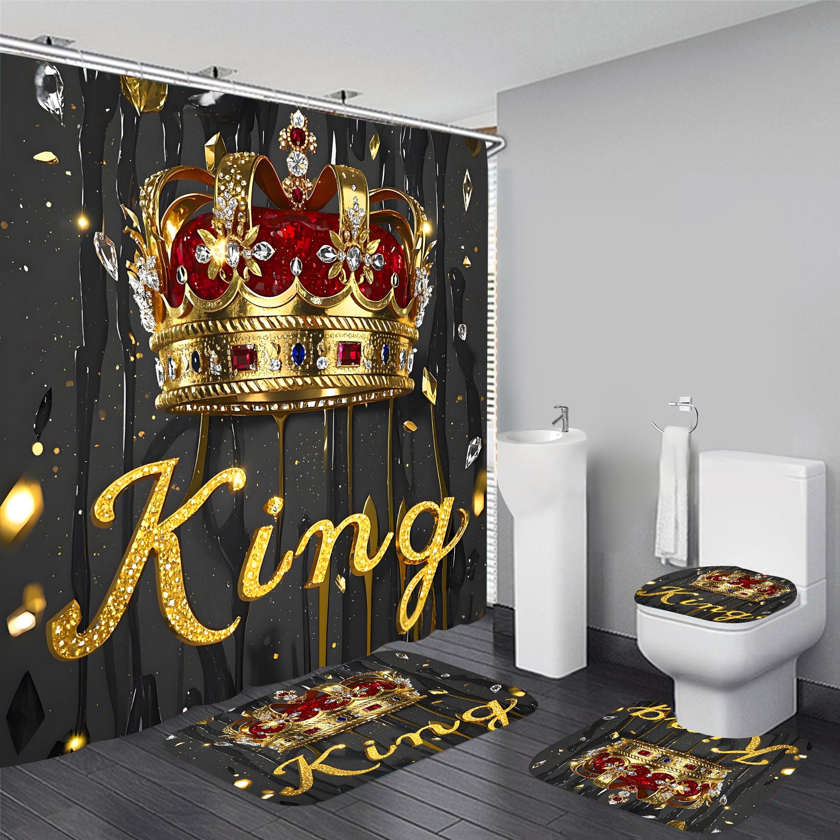 AZHM Golden Crown Print Shower Curtain Set Black Luxury Bathroom Accessories Sets with Shower Curtain and Rugs