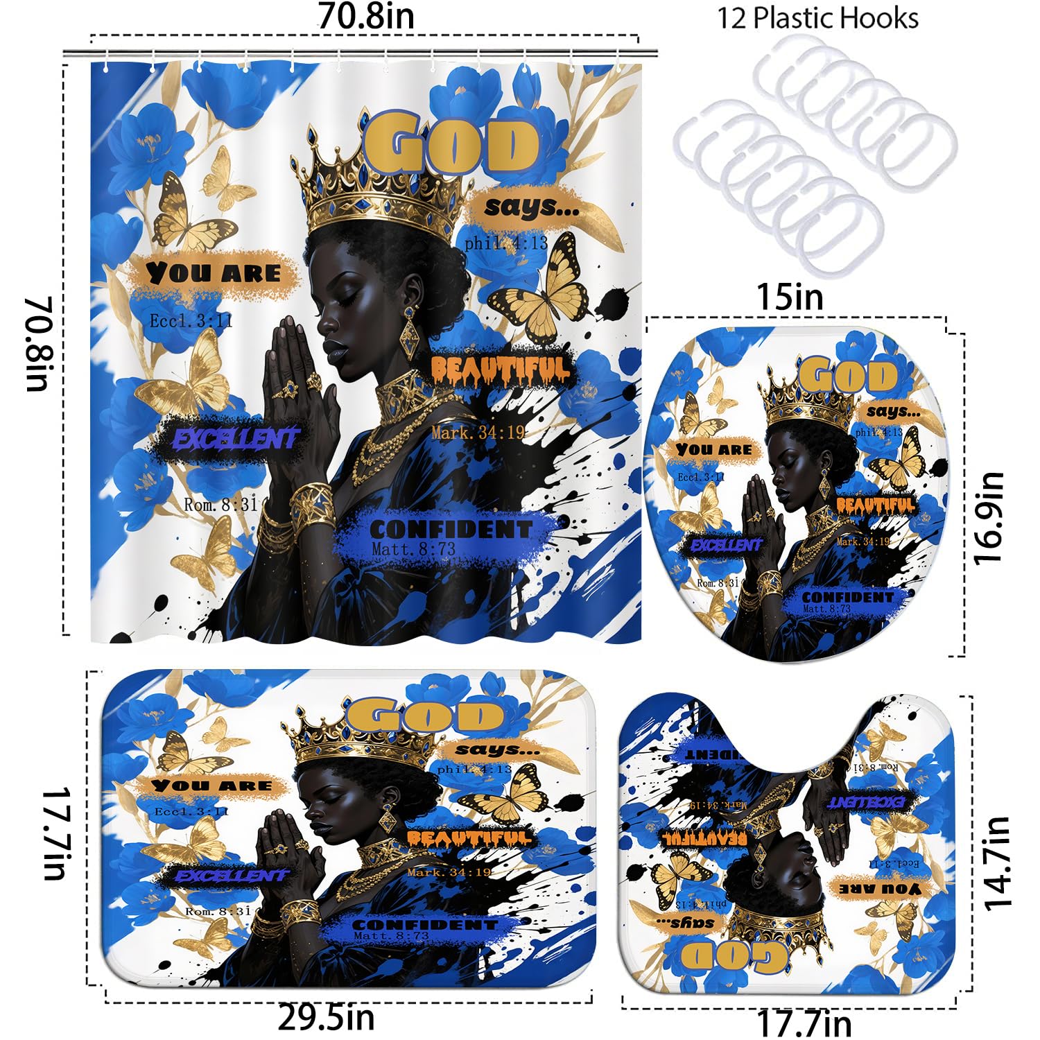 African American Shower Curtain Sets for Bathroom, Black Praying King Bathroom Sets with Waterproof Shower Curtain and Non-Slip Rugs Toilet Lid Cover Bath Mat, Cool Unique Man Bathroom Decor Sets