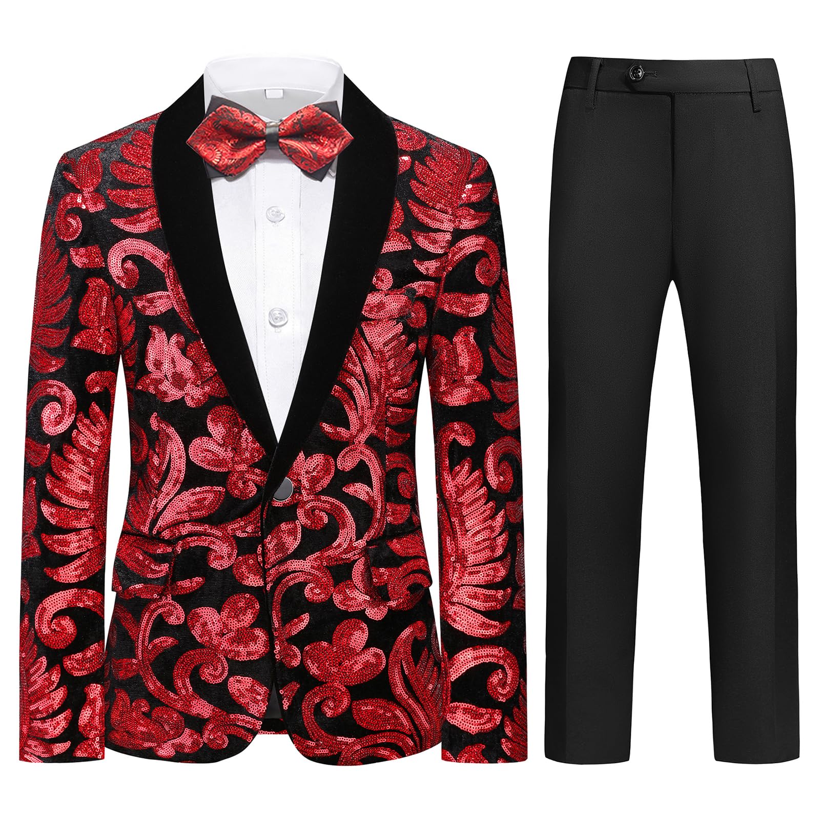 Lamgool Boys Tuxedo Suit Slim Fit Formal Set 2 Pieces with Floral Jacquard Sequin Blazer Black Pants for Kids Prom Wedding
