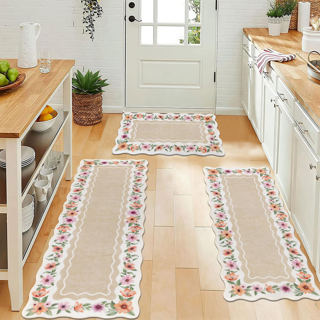 Vaukki Boho Kitchen Rug Sets 3 Pieces, Washable Kitchen Mats for Floor, Non Slip Soft Kitchen Area Rug Floor Mat for Kitchen, Laundry Room and Hallway (Grey and Beige, 20''x32''+20''x47''+20''x59'')