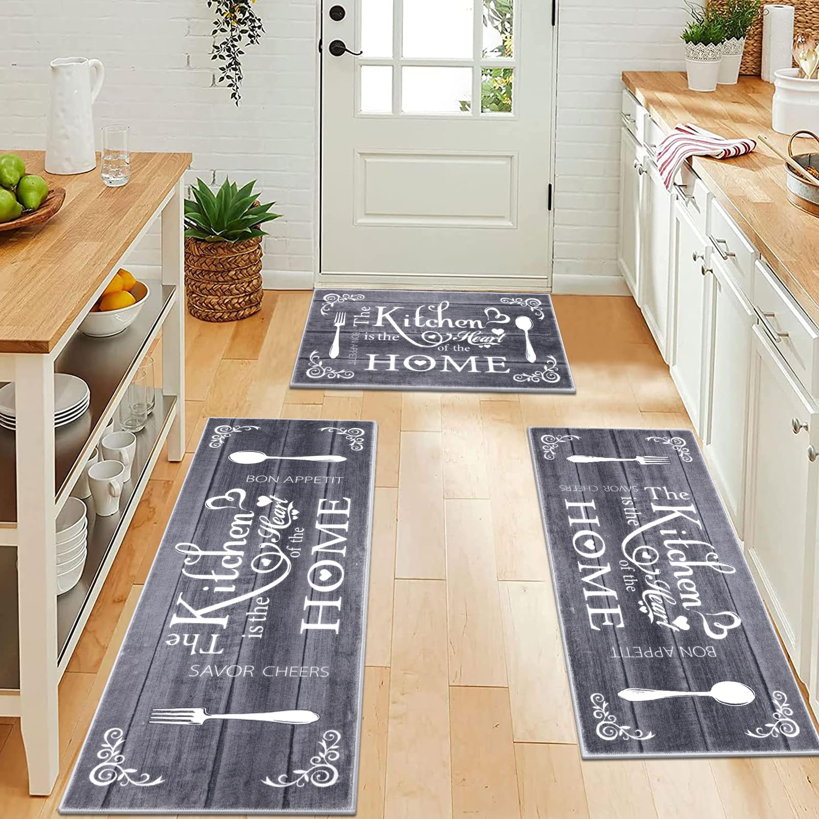 Vaukki Boho Kitchen Rug Sets 3 Pieces, Washable Kitchen Mats for Floor, Non Slip Soft Kitchen Area Rug Floor Mat for Kitchen, Laundry Room and Hallway (Grey and Beige, 20''x32''+20''x47''+20''x59'')
