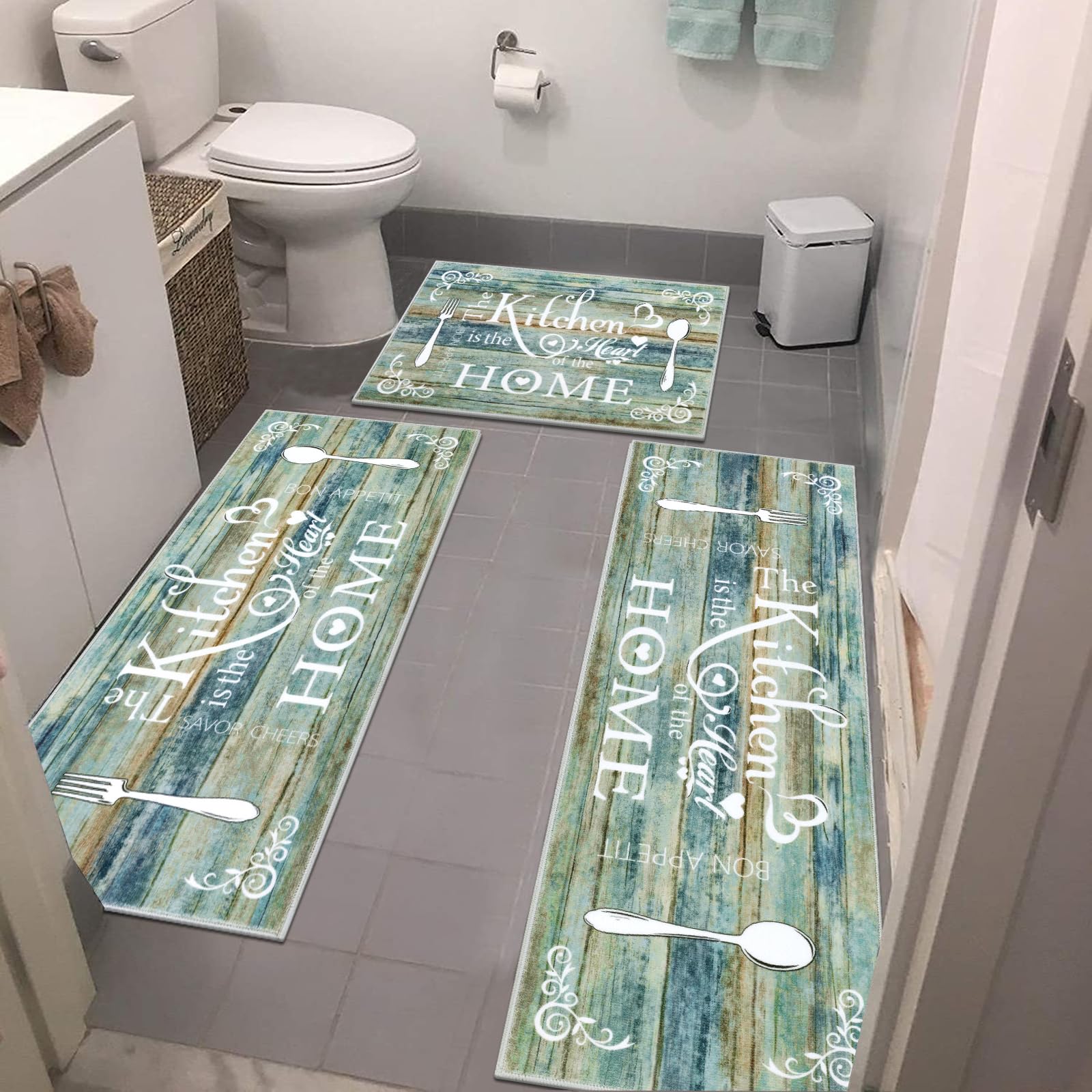 Vaukki Boho Kitchen Rug Sets 3 Pieces, Washable Kitchen Mats for Floor, Non Slip Soft Kitchen Area Rug Floor Mat for Kitchen, Laundry Room and Hallway (Grey and Beige, 20''x32''+20''x47''+20''x59'')
