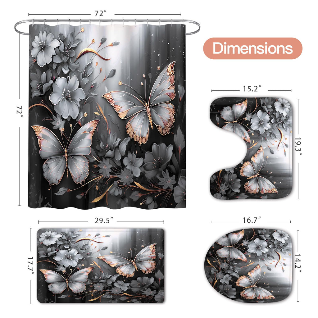 Litabel 4 Pcs Black Floral Butterfly Shower Curtain Set with Non-Slip Rugs, White Gold Modern Toilet Lid Cover and Bath Mat, Elegant Bathroom Decor Set (Hooks Not Included)