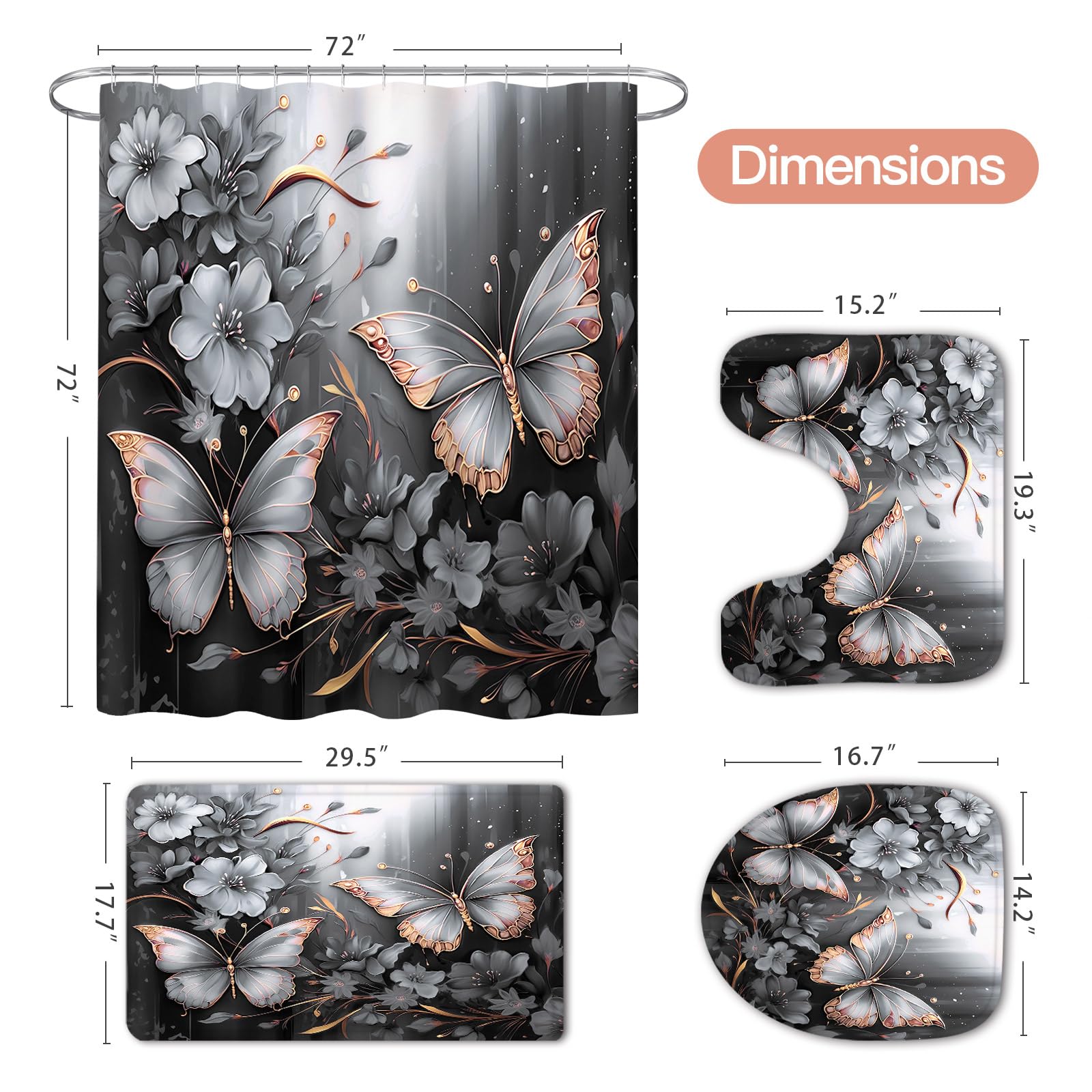 Litabel 4 Pcs Black Floral Butterfly Shower Curtain Set with Non-Slip Rugs, White Gold Modern Toilet Lid Cover and Bath Mat, Elegant Bathroom Decor Set (Hooks Not Included)