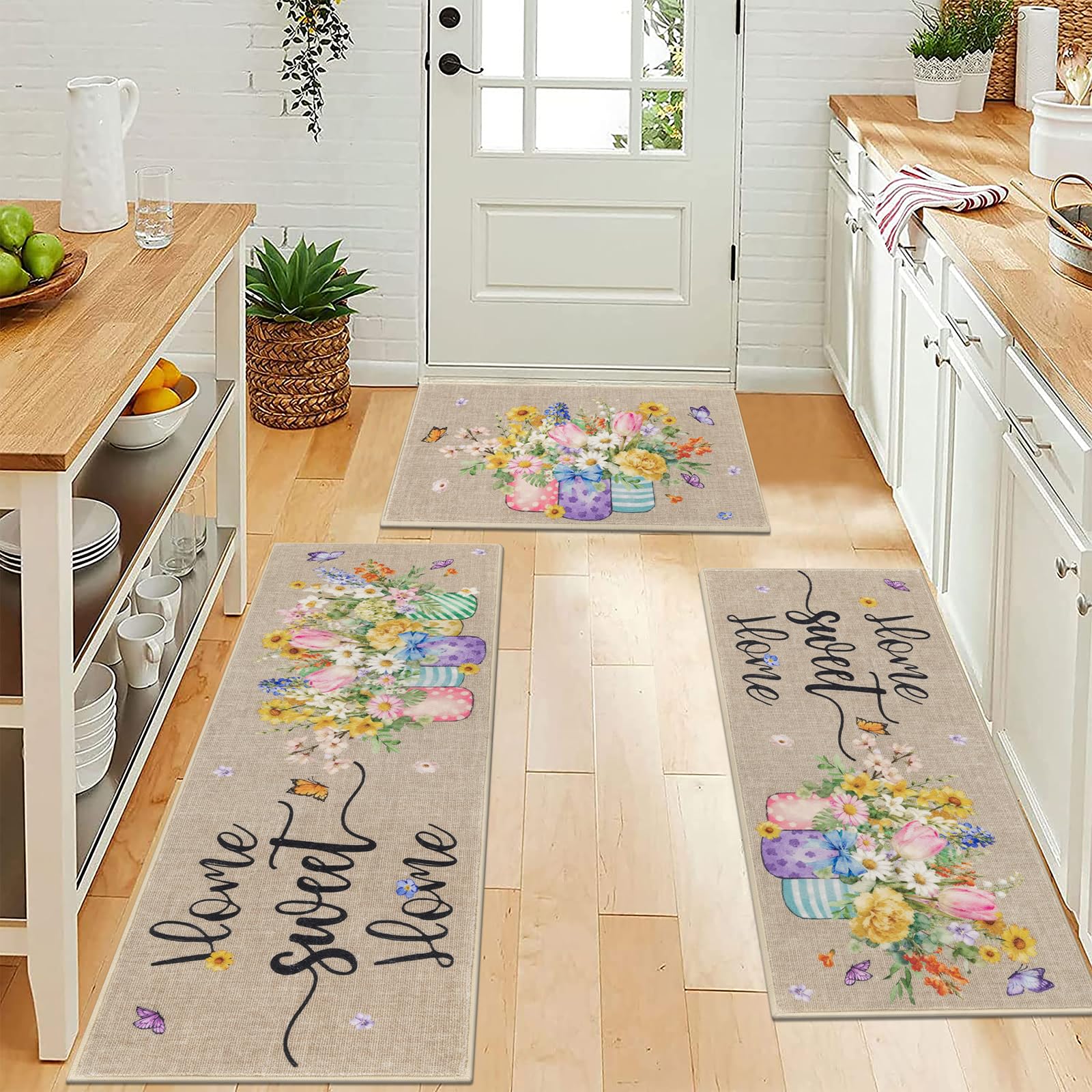 Vaukki Boho Kitchen Rug Sets 3 Pieces, Washable Kitchen Mats for Floor, Non Slip Soft Kitchen Area Rug Floor Mat for Kitchen, Laundry Room and Hallway (Grey and Beige, 20''x32''+20''x47''+20''x59'')