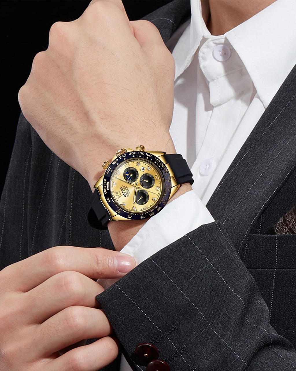 OLEVS Men Analog Quartz Waterproof Watches Multifunction Chronograph Diamond Moon Phase Luminous Silicone Band Wrist Watches