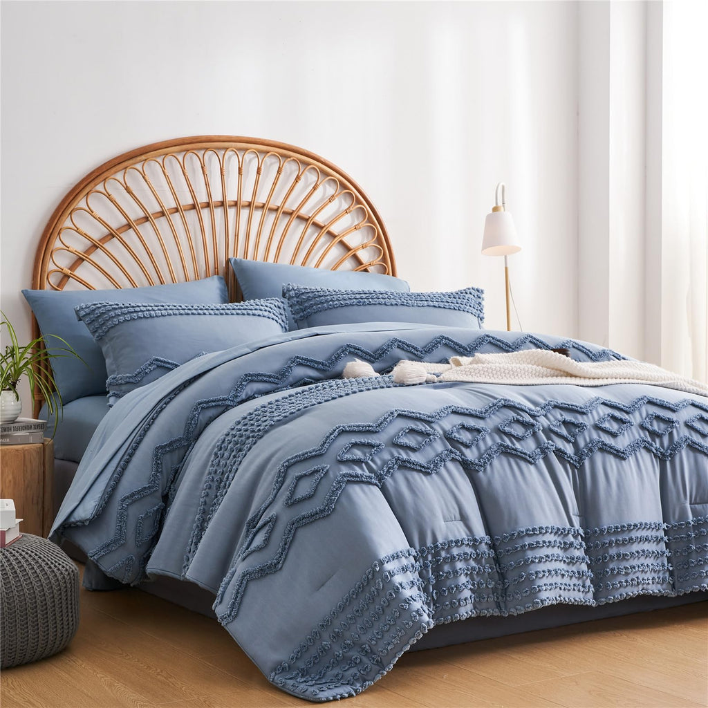 KAKIJUMN Grey Tufted Comforter Set King Size 7 Piece Bed in a Bag, Shabby Chic Boho Comforter and Sheet Set, Pom Pom Textured Bed Set, All Season Soft Microfiber Complete Bedding Set(Grey,King)