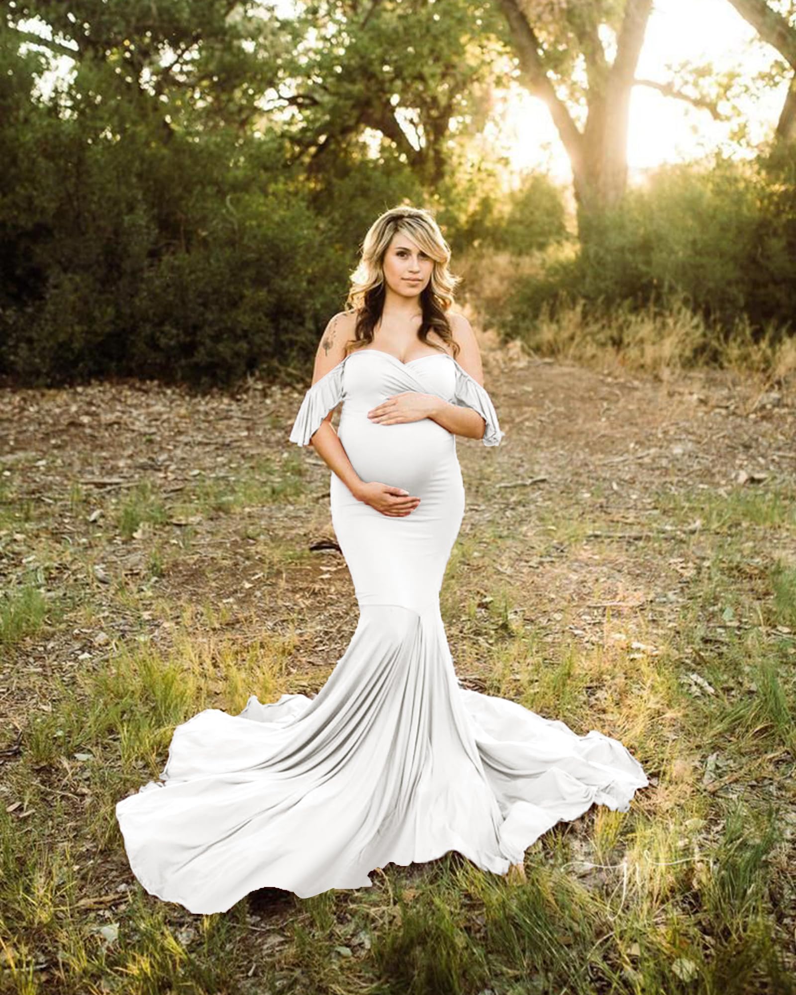 Saslax Off Shoulder Ruffle Sleeves Elegant Fitted Maxi Maternity Dress for Photoshoot Baby Shower